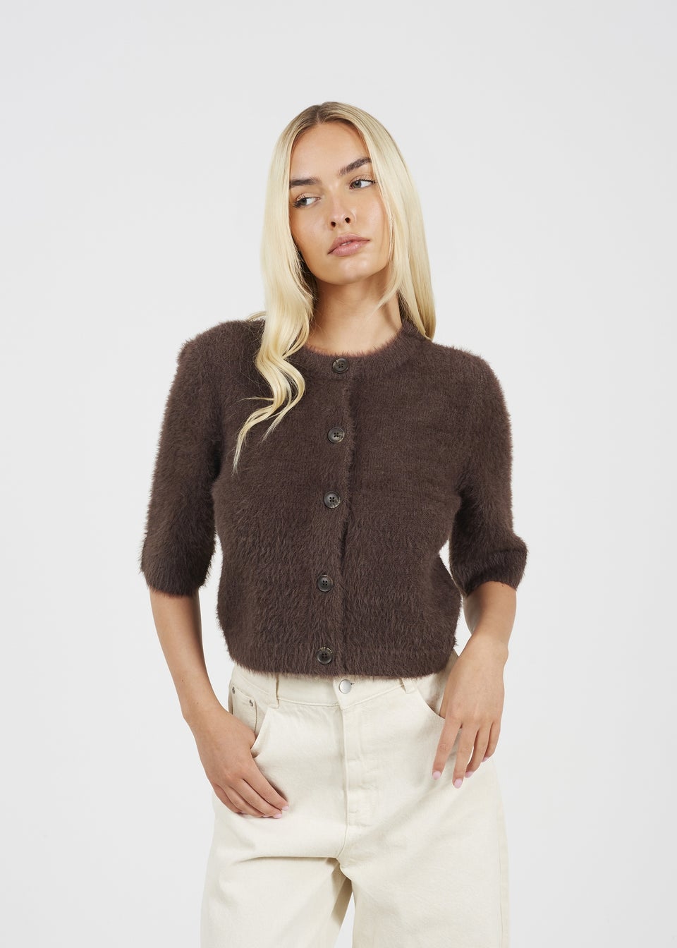 Brave Soul Chocolate Short Sleeve Fluffy Yarn Cardigan