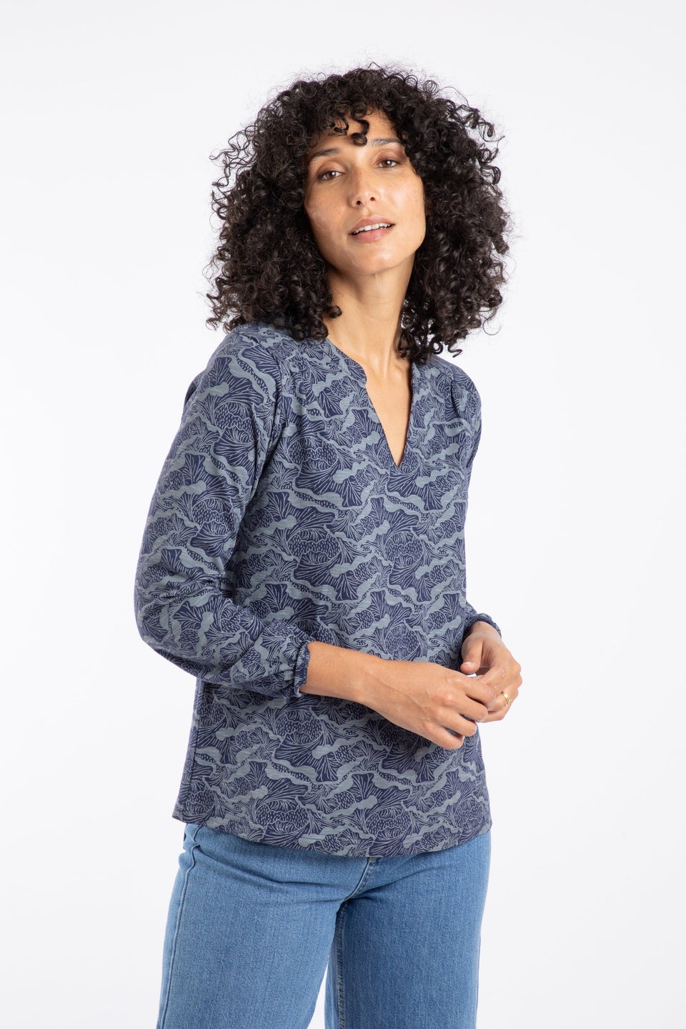 Weird Fish Mid Blue Brooke Printed V Neck Jersey Top