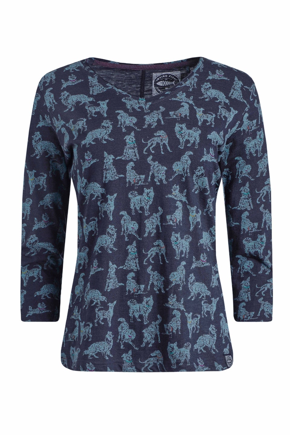 Weird Fish Dark Navy Laveda 3/4 Sleeve Printed V Neck T-Shirt