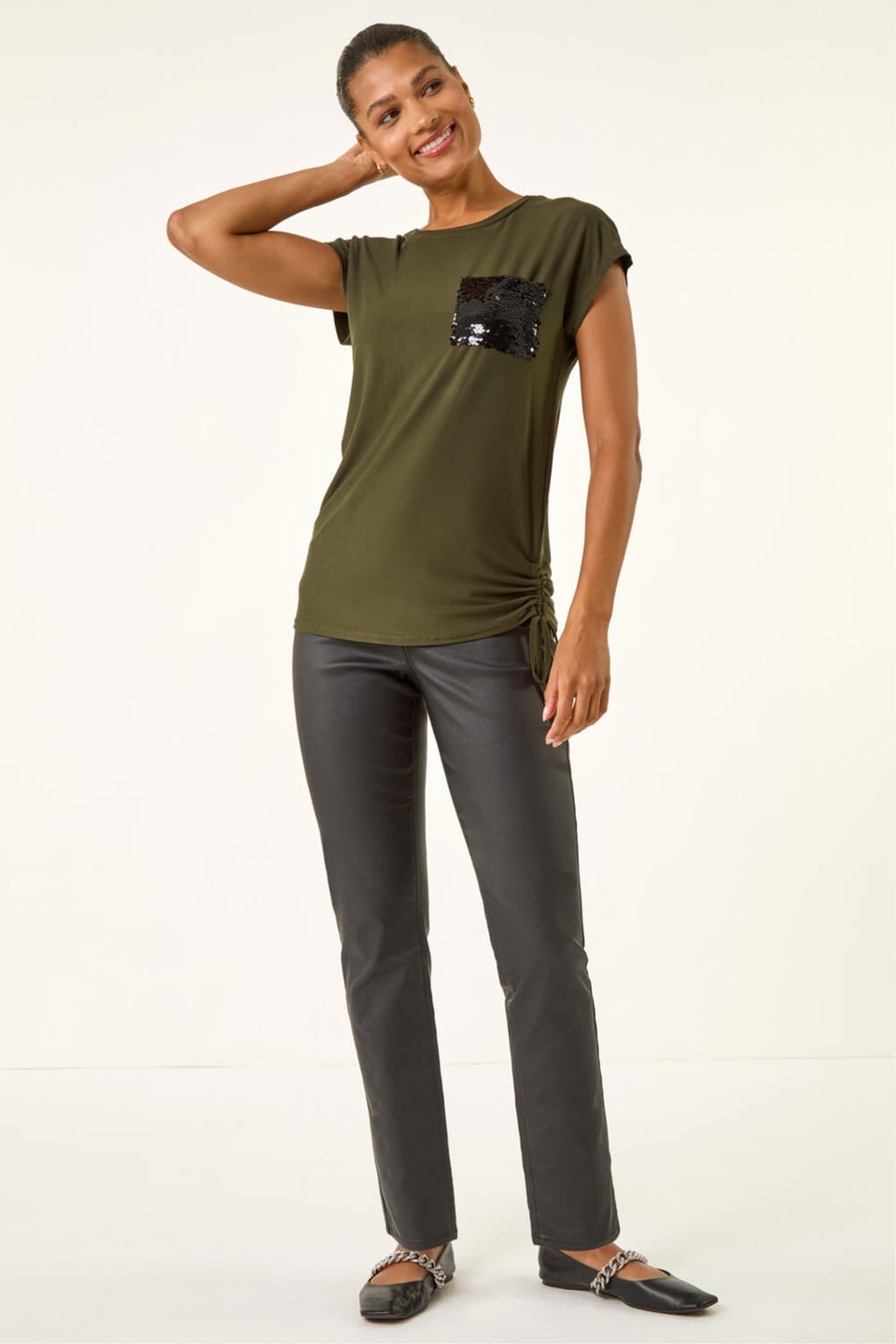 Roman Olive Sequin Pocket Side Ruched T-Shirt