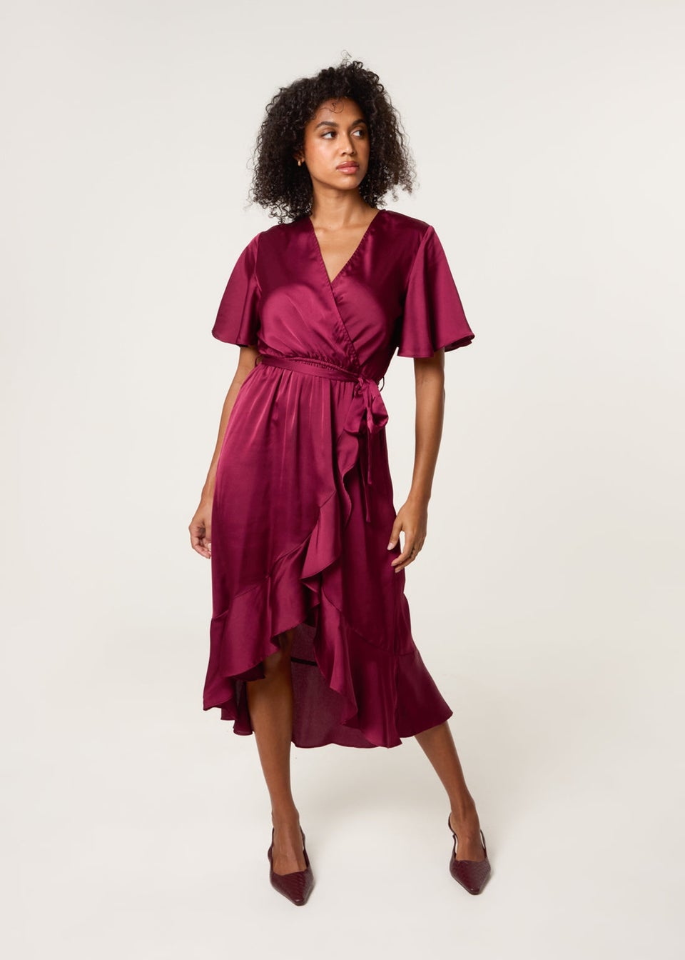 Blue Vanilla Red Satin Wrap Frill High To Low Midi Dress