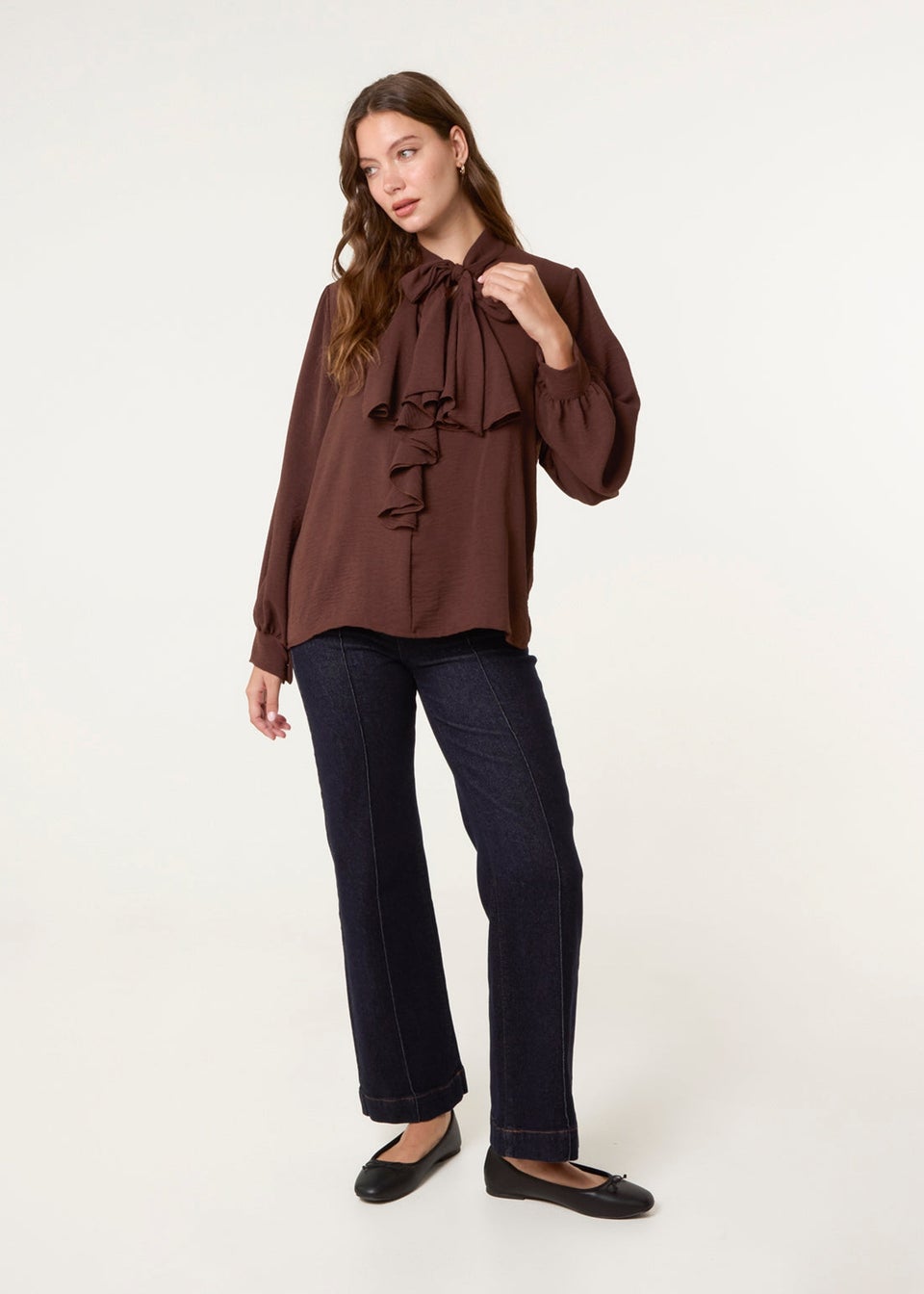 Blue Vanilla Brown Ruffle Pussy Bow Blouse