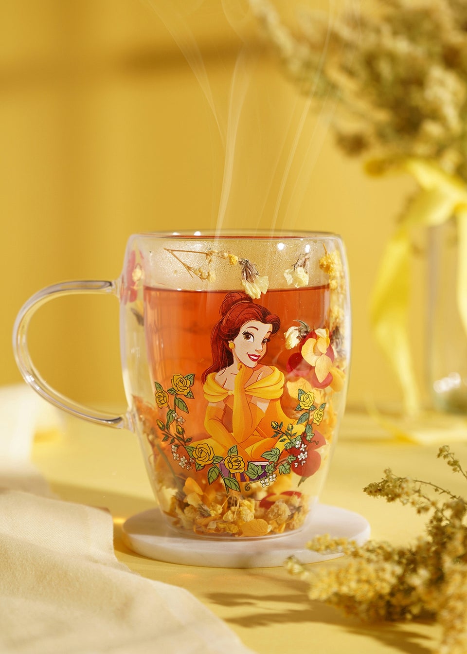 Disney Pastel Princess Floral Decorative Yellow Glass Mug Belle