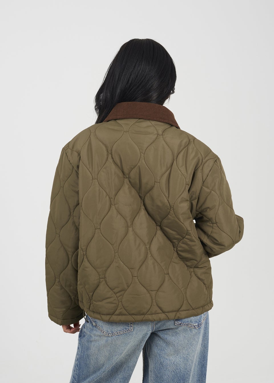 Brave Soul Khaki Onion Quilted Jacket With Corduroy Collar Matalan