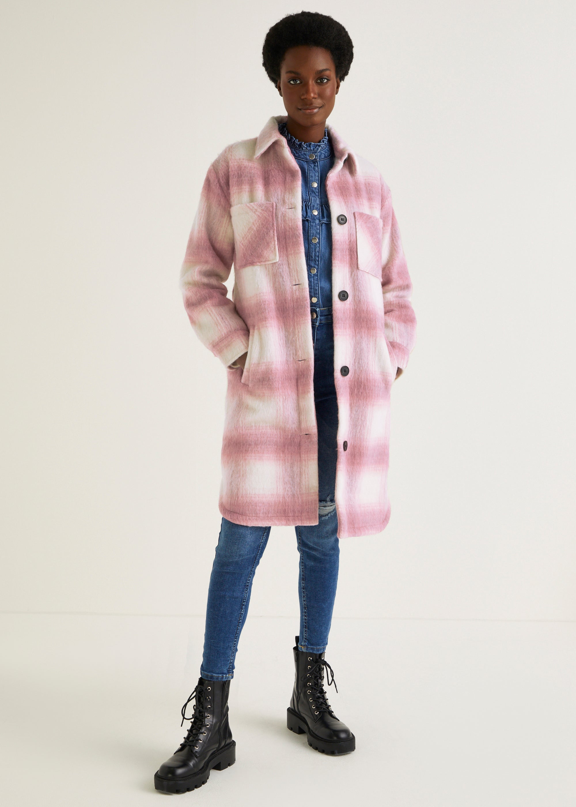 Pink Check Long Shacket - 8 | Matalan