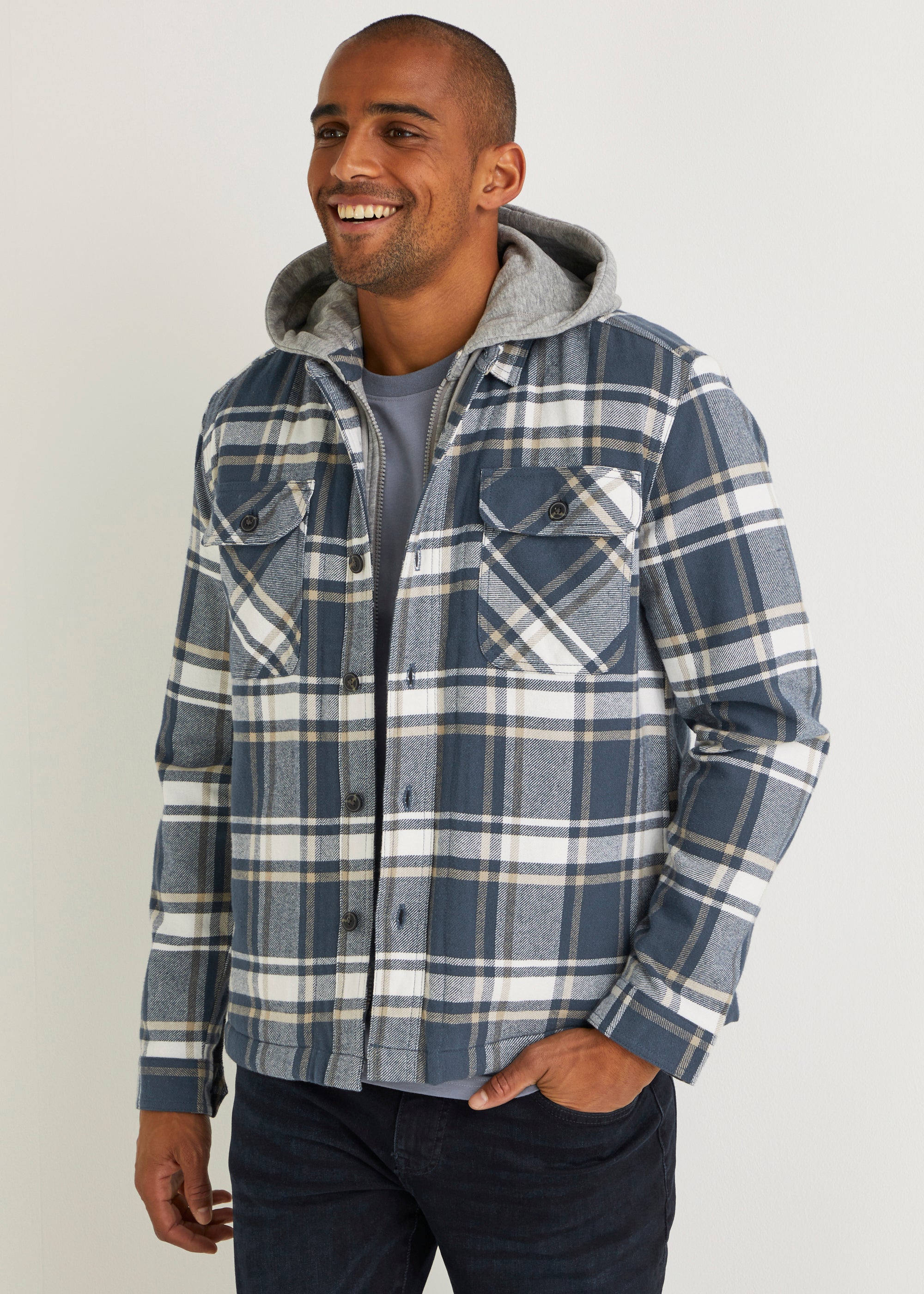 Blue Check Quilted Hoodie Shirt - Small