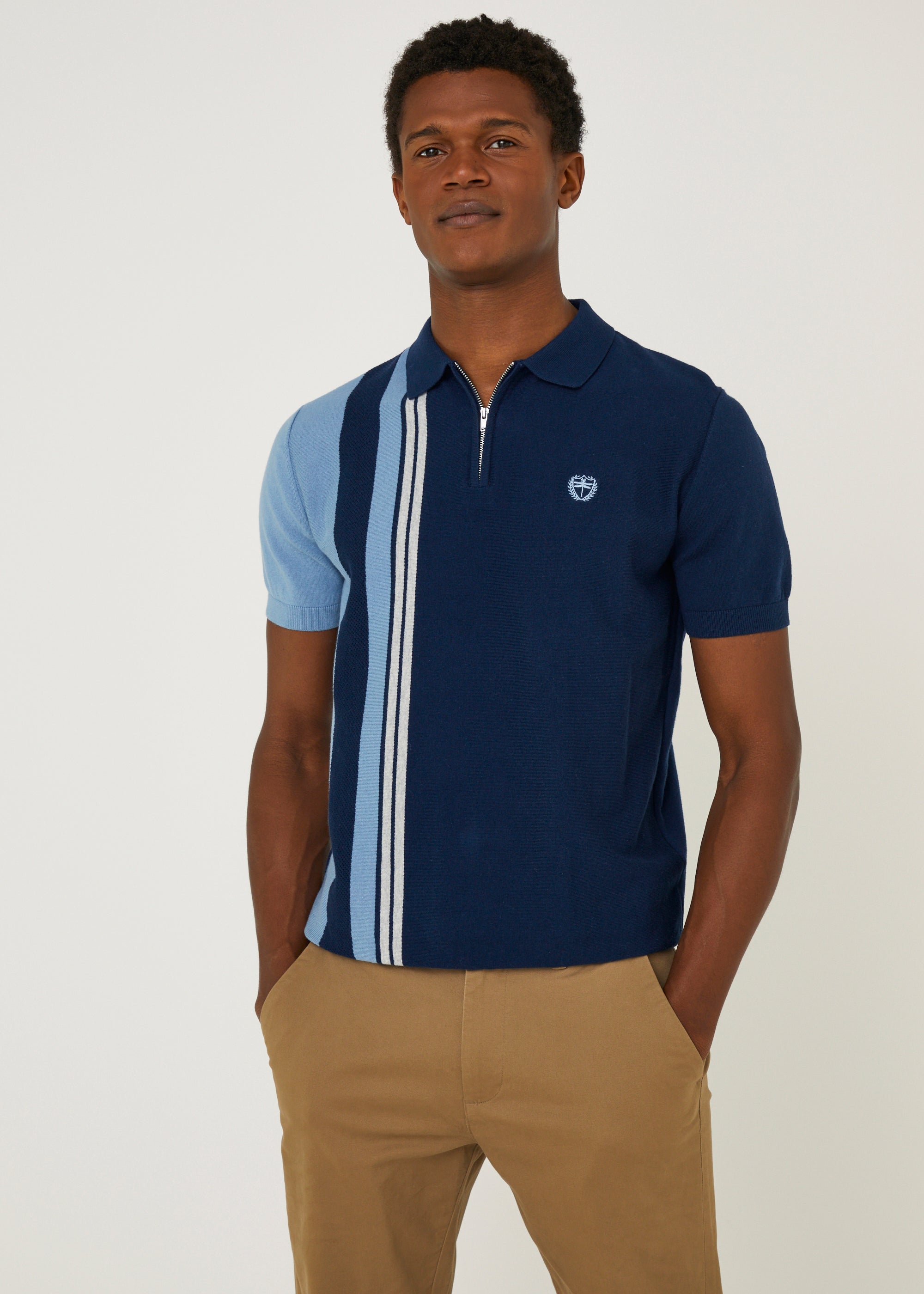 Navy & Blue Stripe Quarter Zip Polo Shirt - S