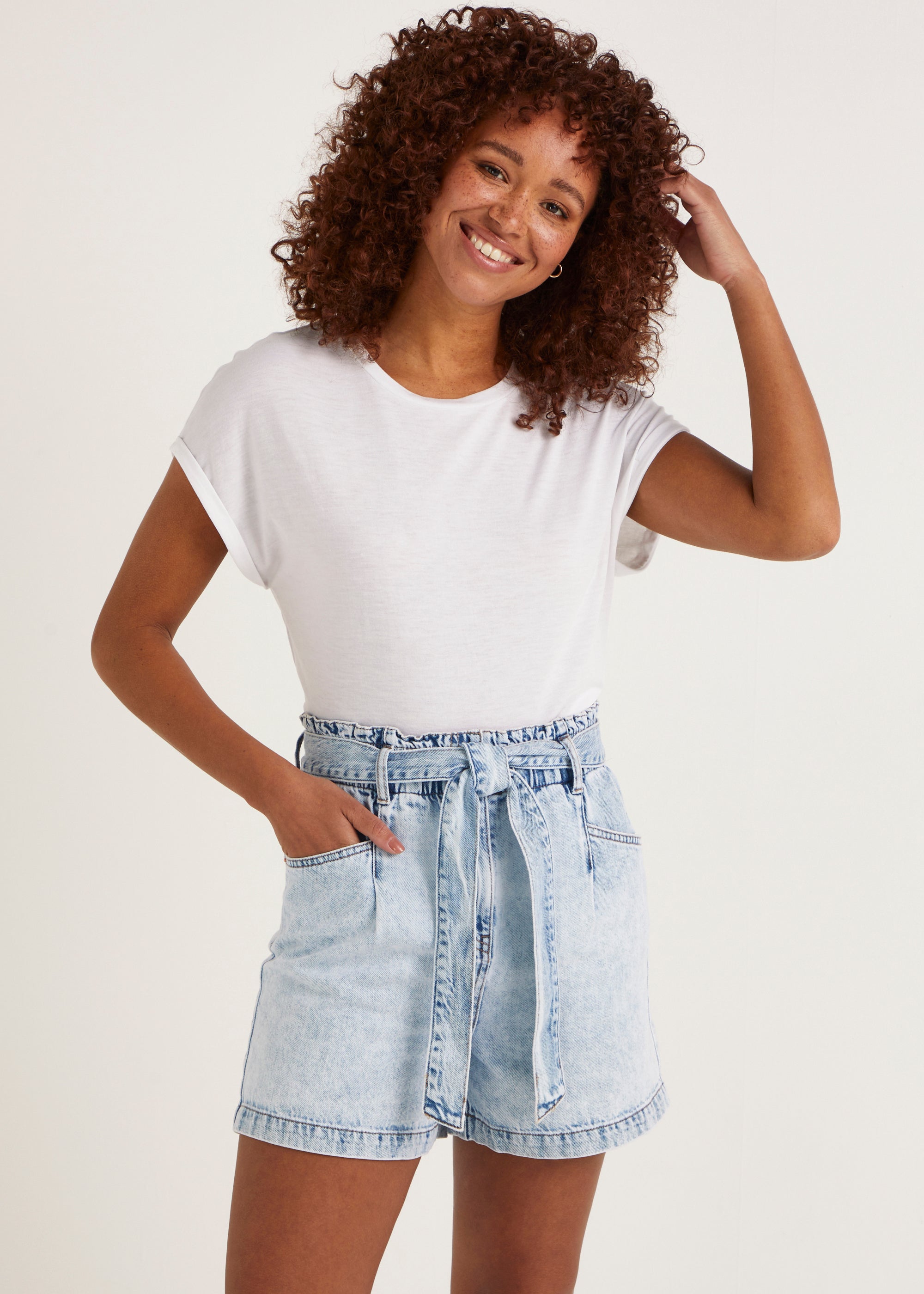 Light Wash Tie Waisted Denim Shorts - 8 | Matalan