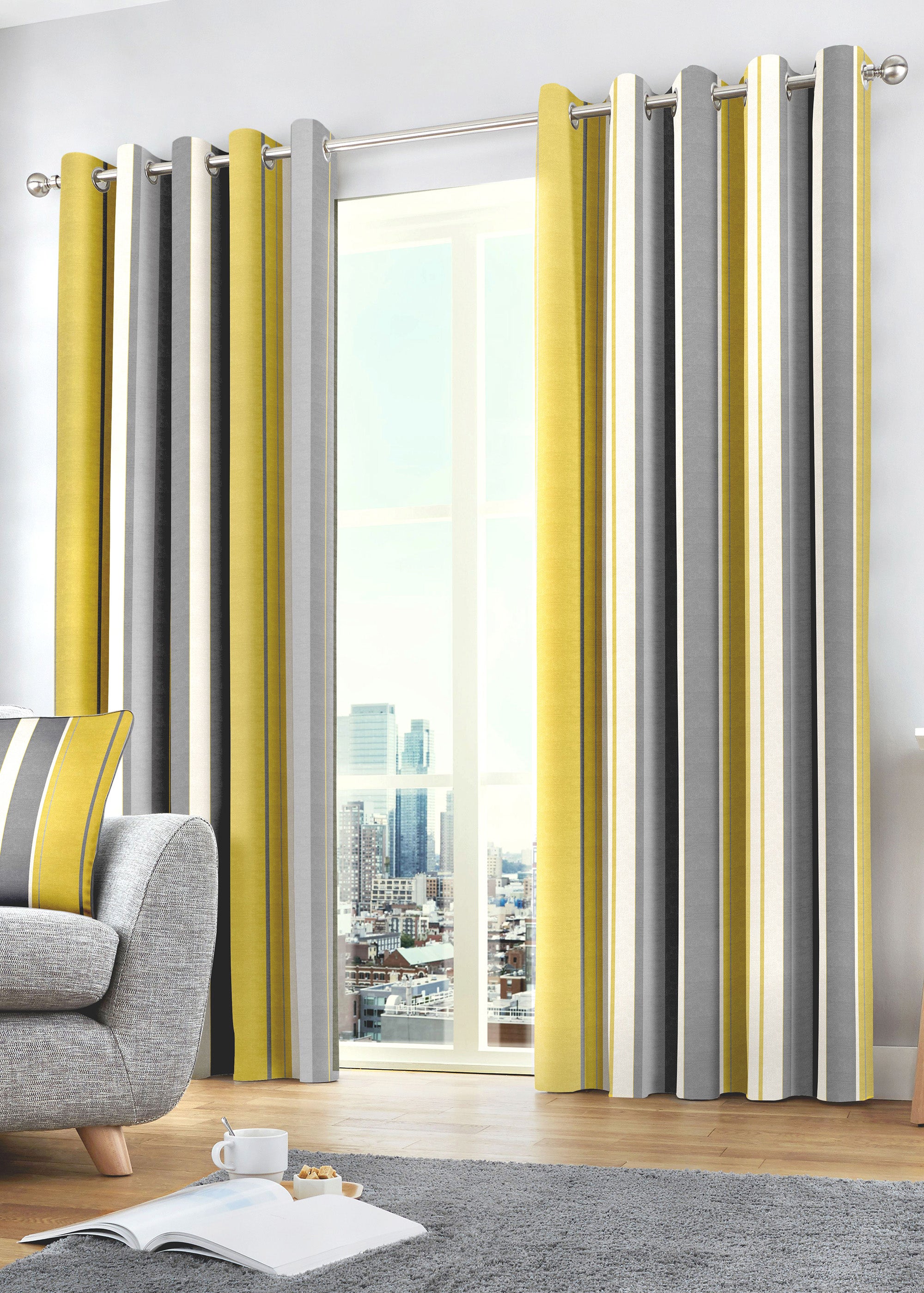 Fusion Whitworth Stripe Yellow Eyelet Curtains - 46W X 54D
