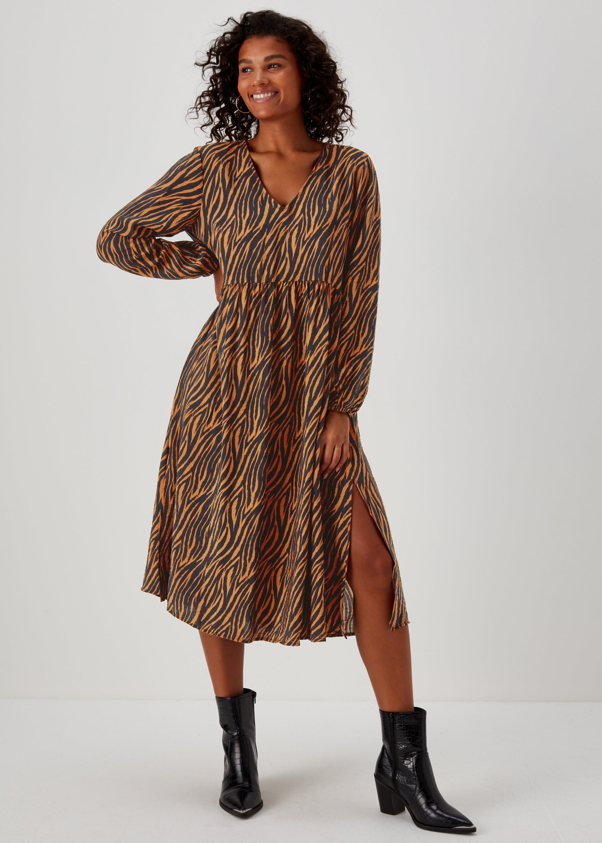 JDY Barbara Brown Zebra Print Long Sleeve Midi Dress - 14 | Matalan