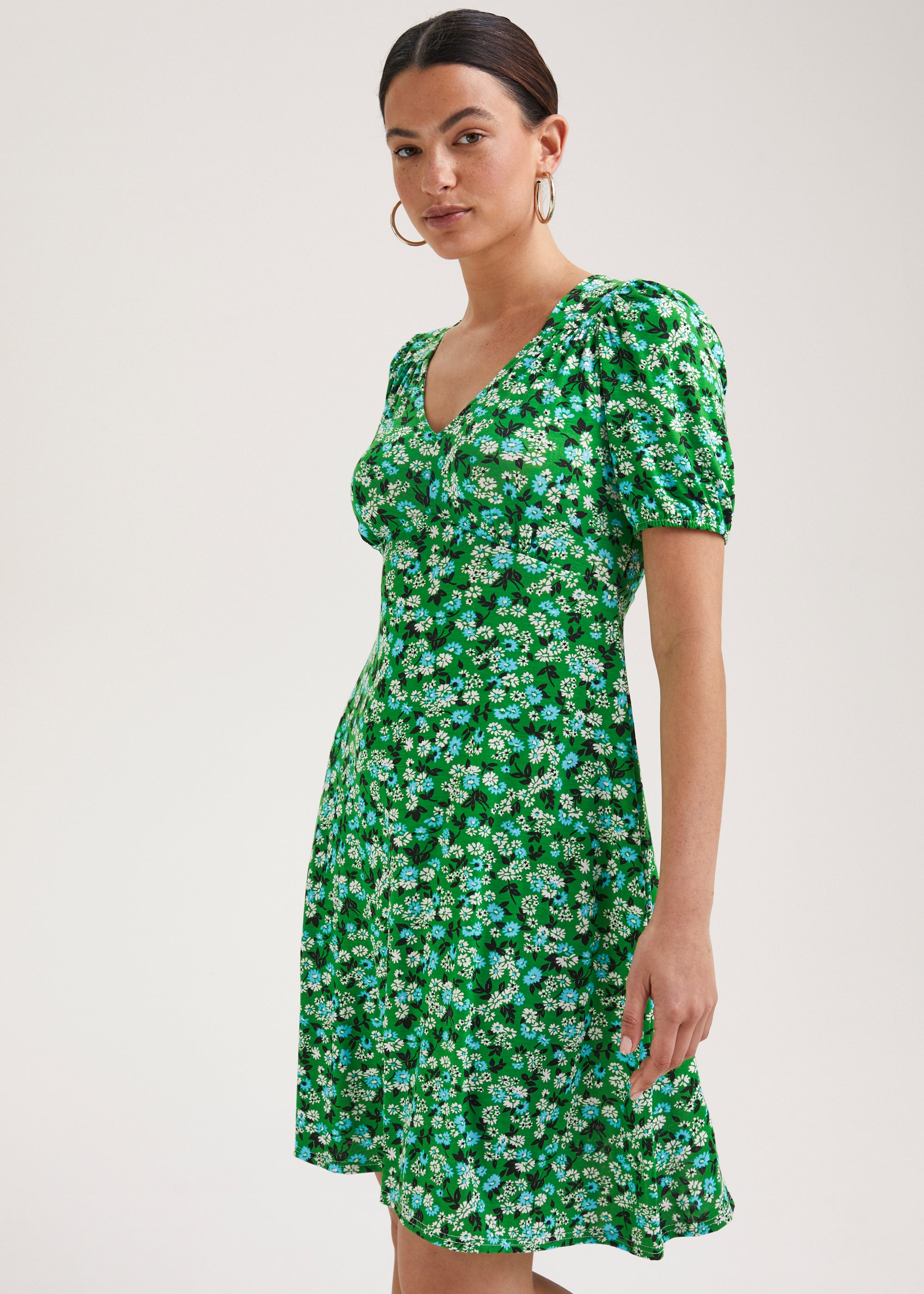 flowering garden tree green mini dress Long Chiffon Prom Dresses With Split A-Line V-Neck Long Sleeves main image 0