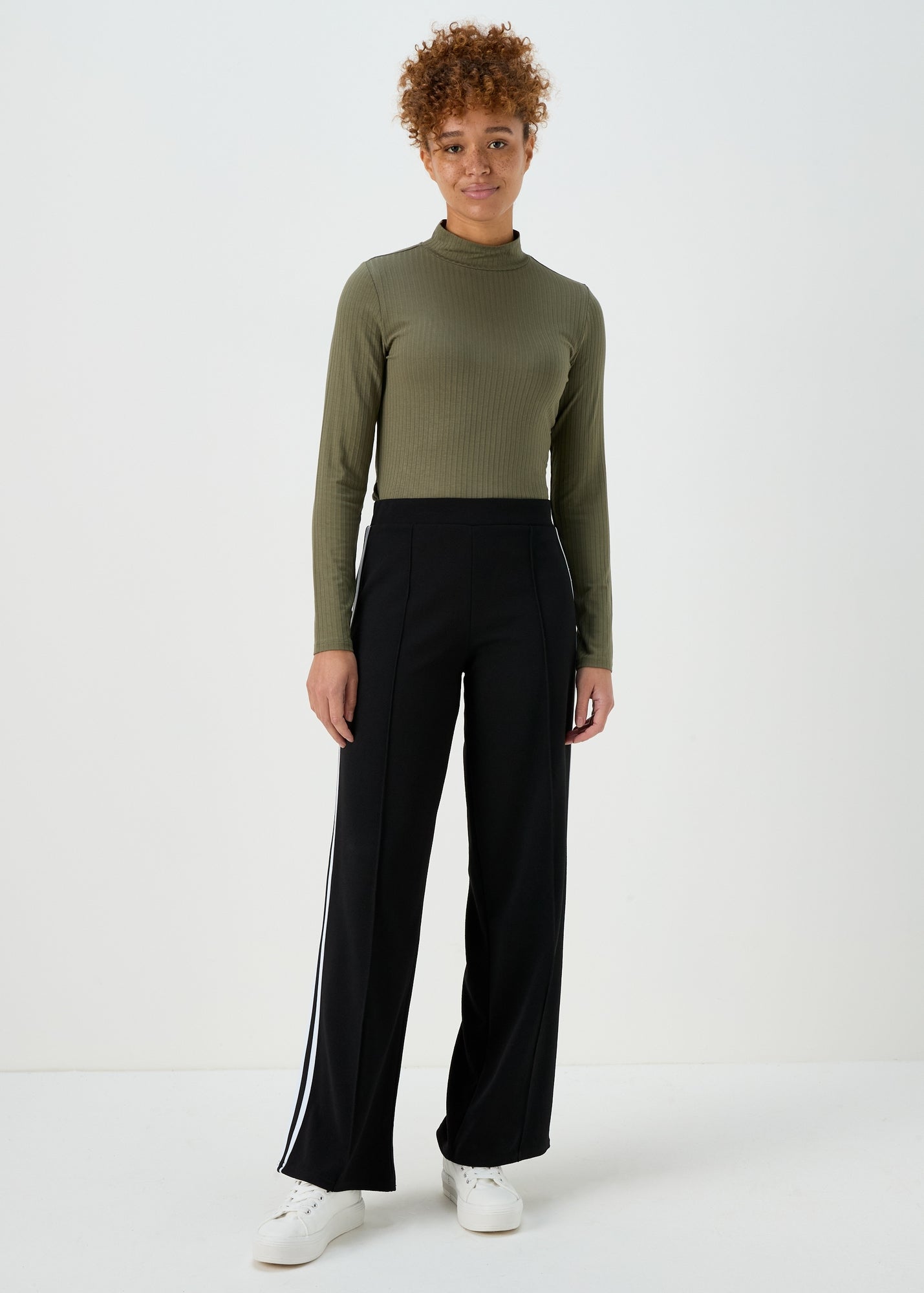 Black Texture Side Stripe Wide Leg Trousers - Size 8 | Matalan