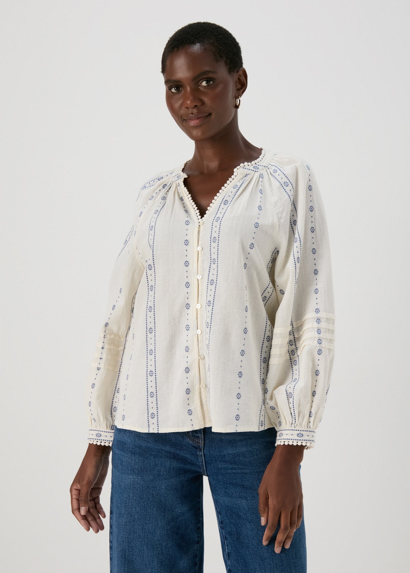 Cream Dobby Embroidered Blouse Top - 8 | Matalan