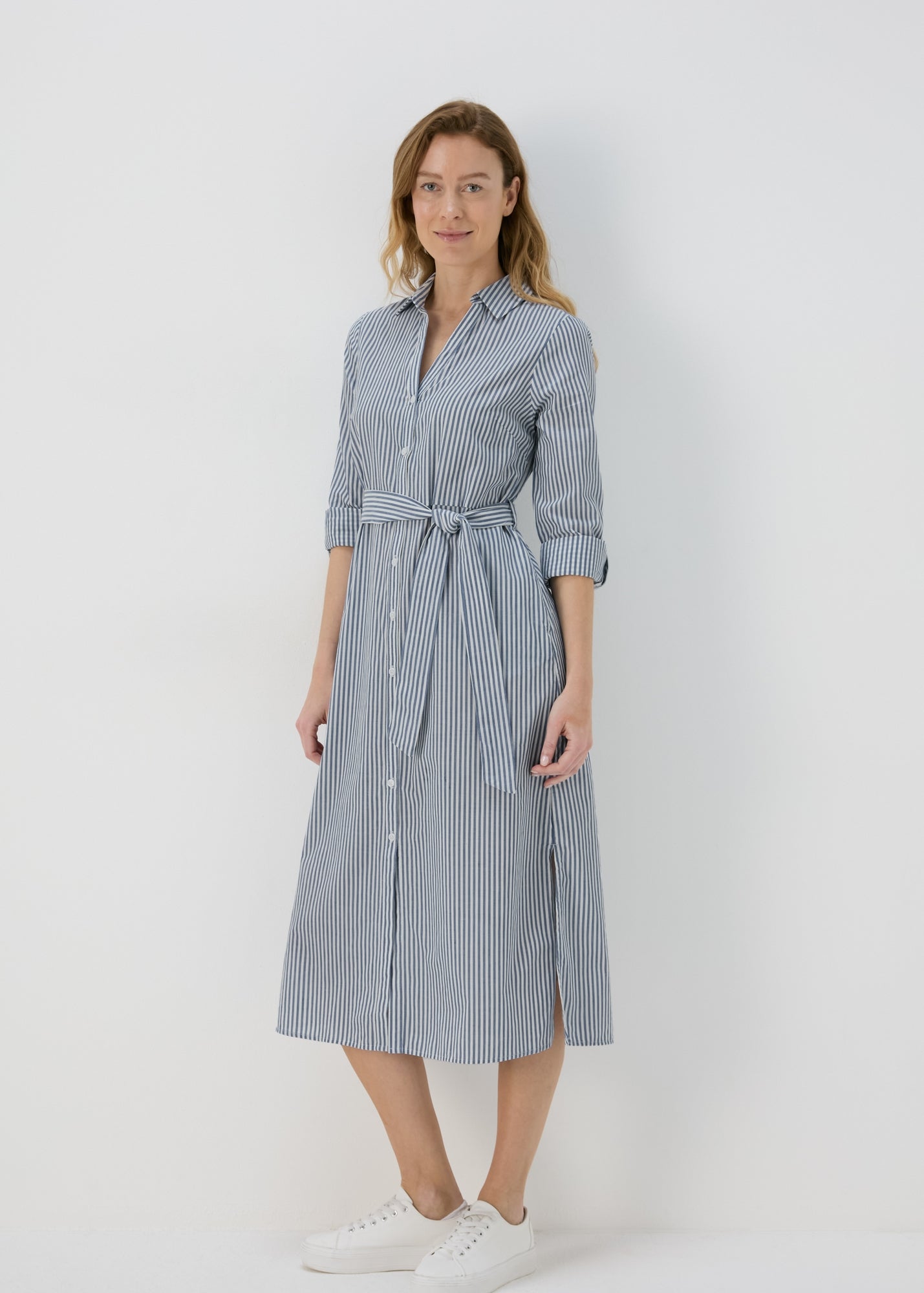 Blue Stripe Midi Shirt Dress - 8 | Matalan