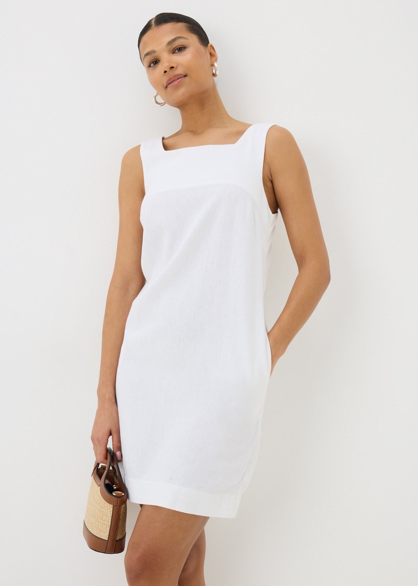 White Linen Blend Mini Shift Dress - 8