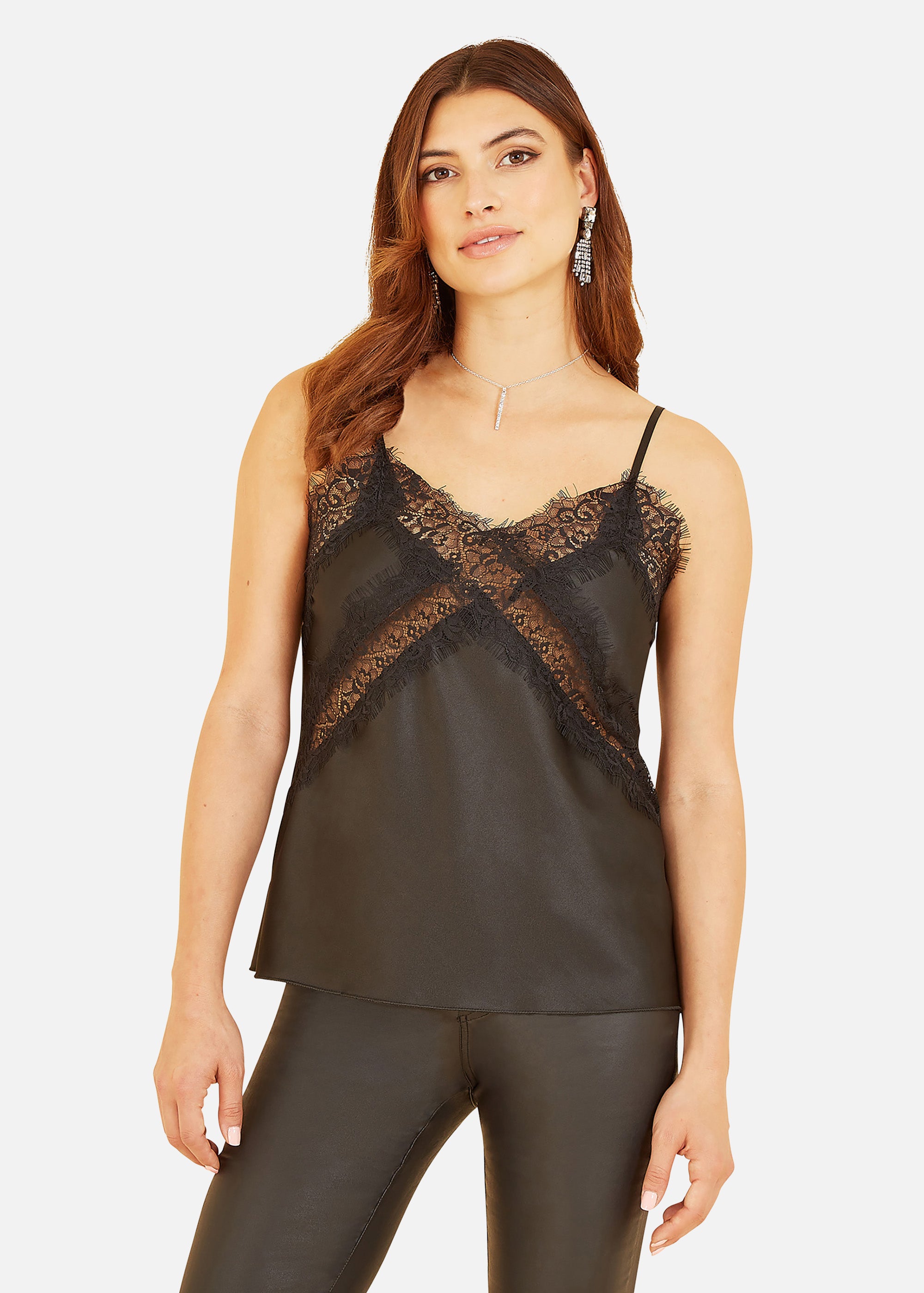 Yumi Satin Lace Detail Vest Top In Black - Large | Matalan