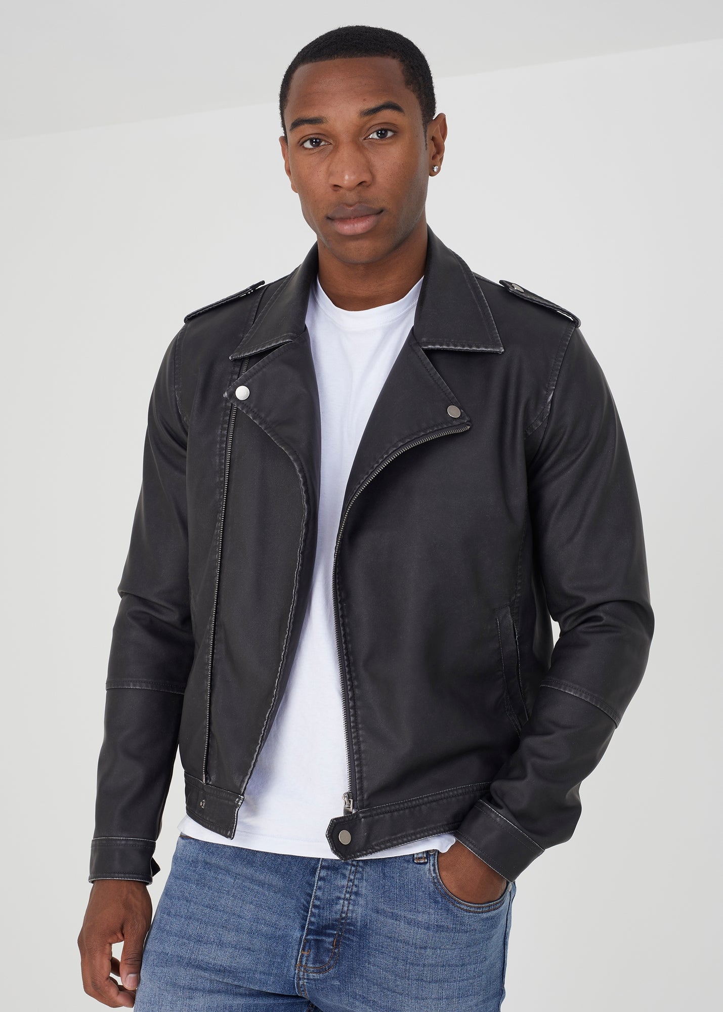 Brave Soul Black Faux Lather Biker Jacket - S | Matalan