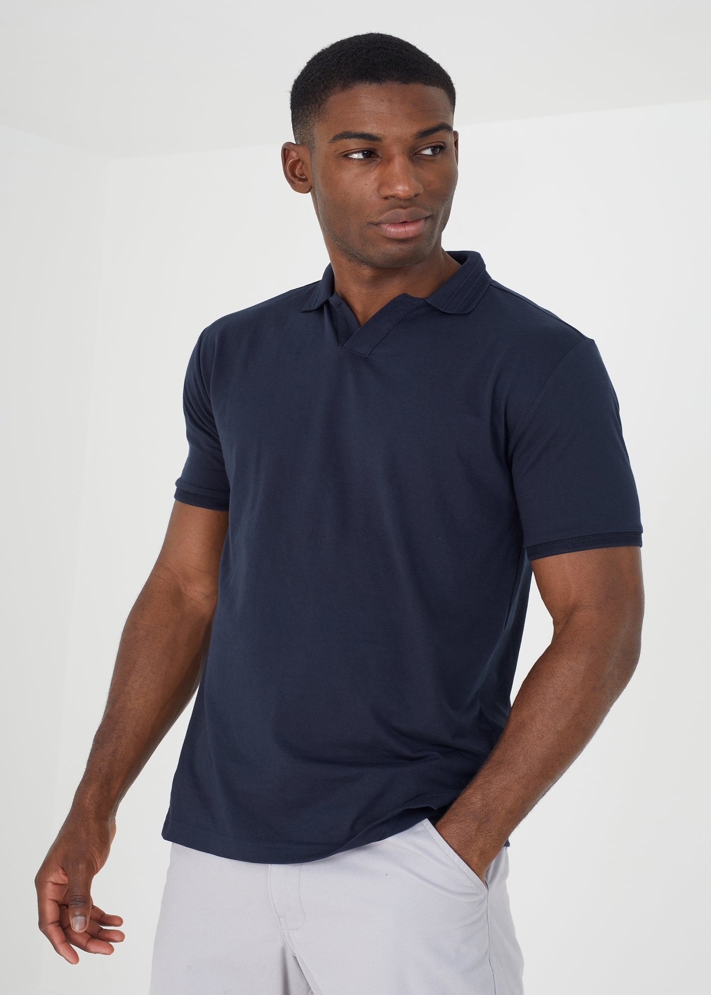 Brave Soul Navy Short Sleeve Jacquard Trim Polo Shirt - M | Matalan