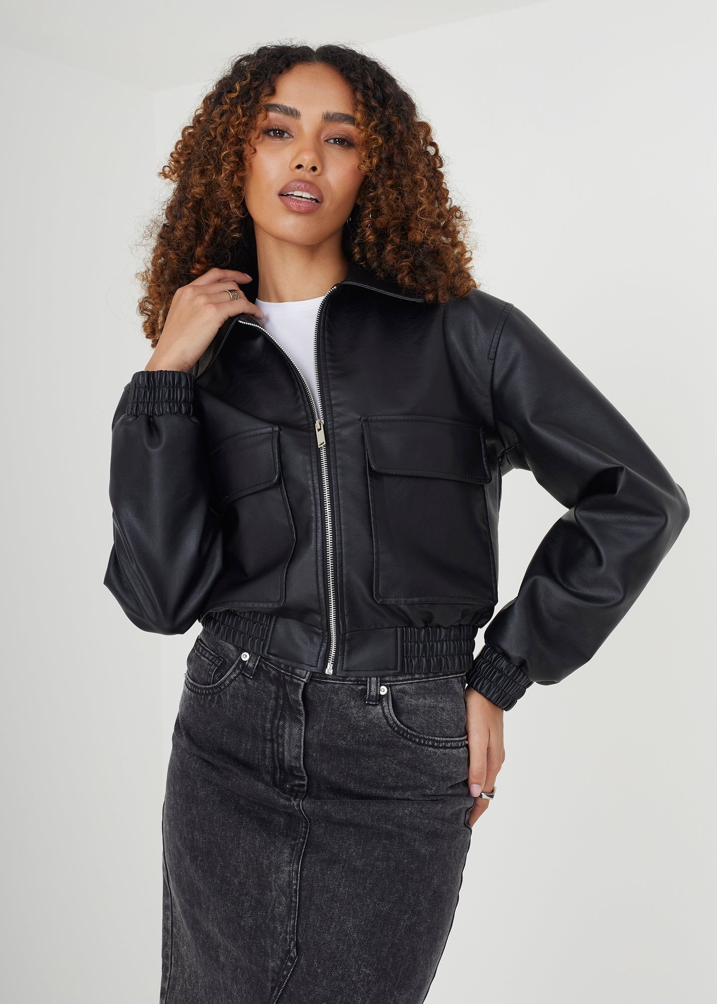 Brave Soul Black Faux Leather Zip Through Bomber Jacket - 16
