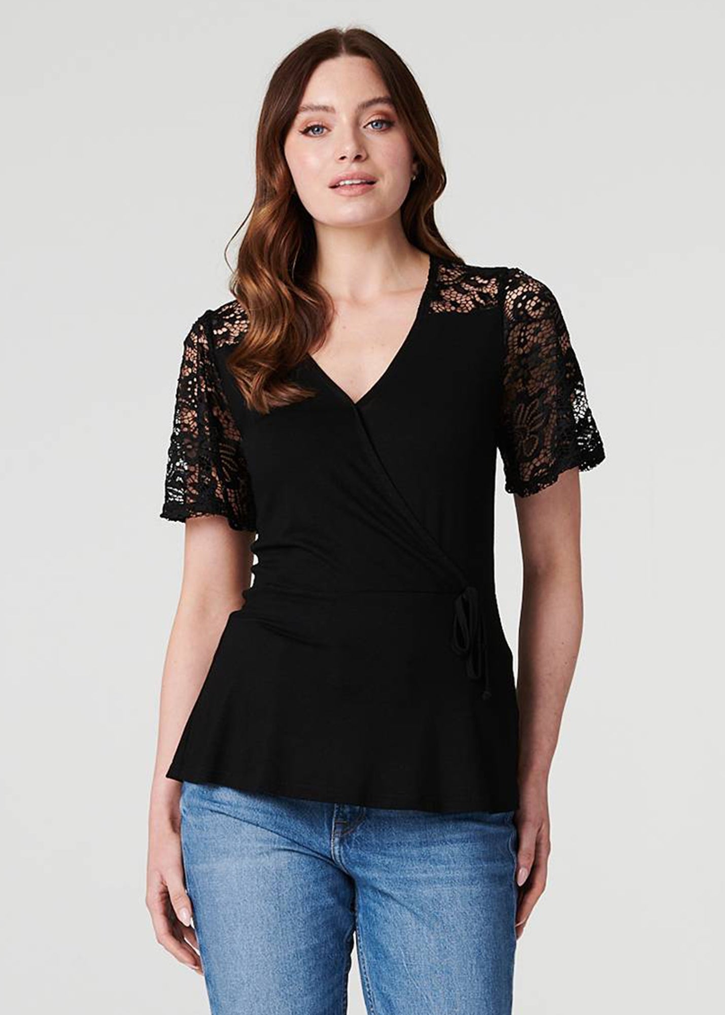 Izabel London Black Lace Sleeve V-Neck Peplum Top - 16