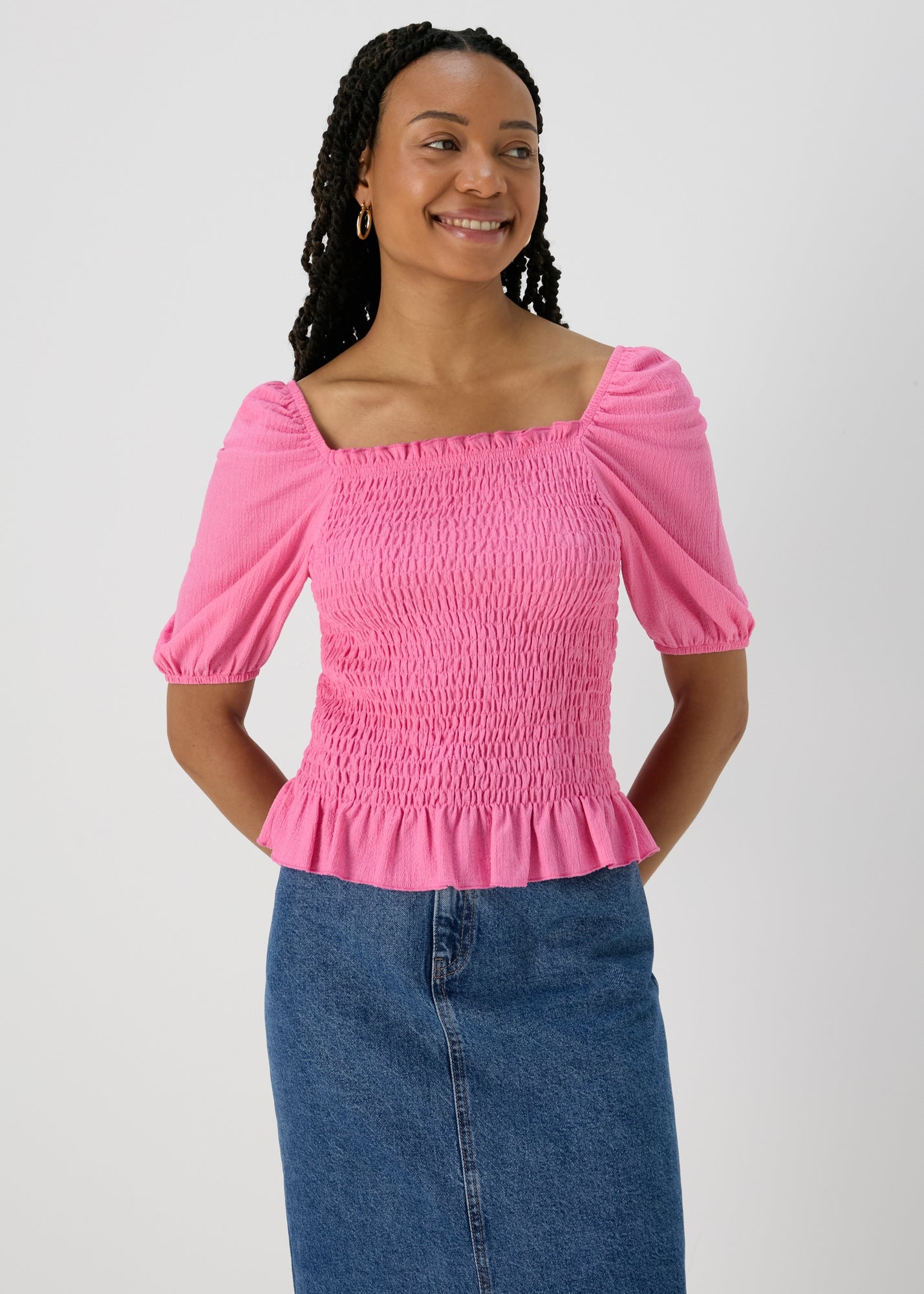 Pink Shirred Square Neck Top - Size 8 | Matalan