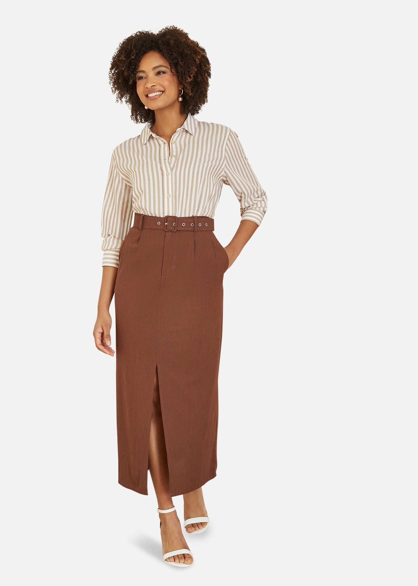 Yumi Brown Cotton Midi Skirt With Belt And Split Hem - Size 14