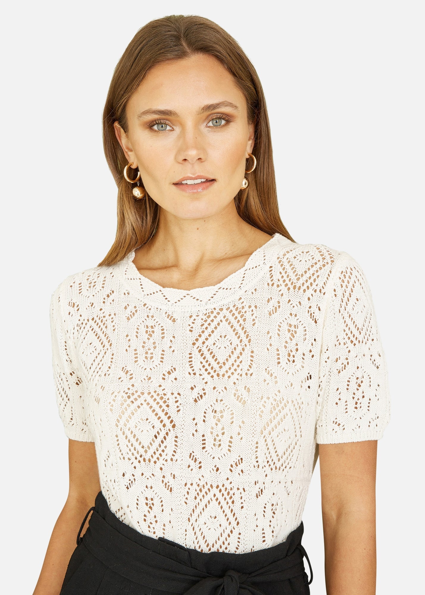 Yumi Ivory Cotton Crochet Knitted Top - M | Matalan