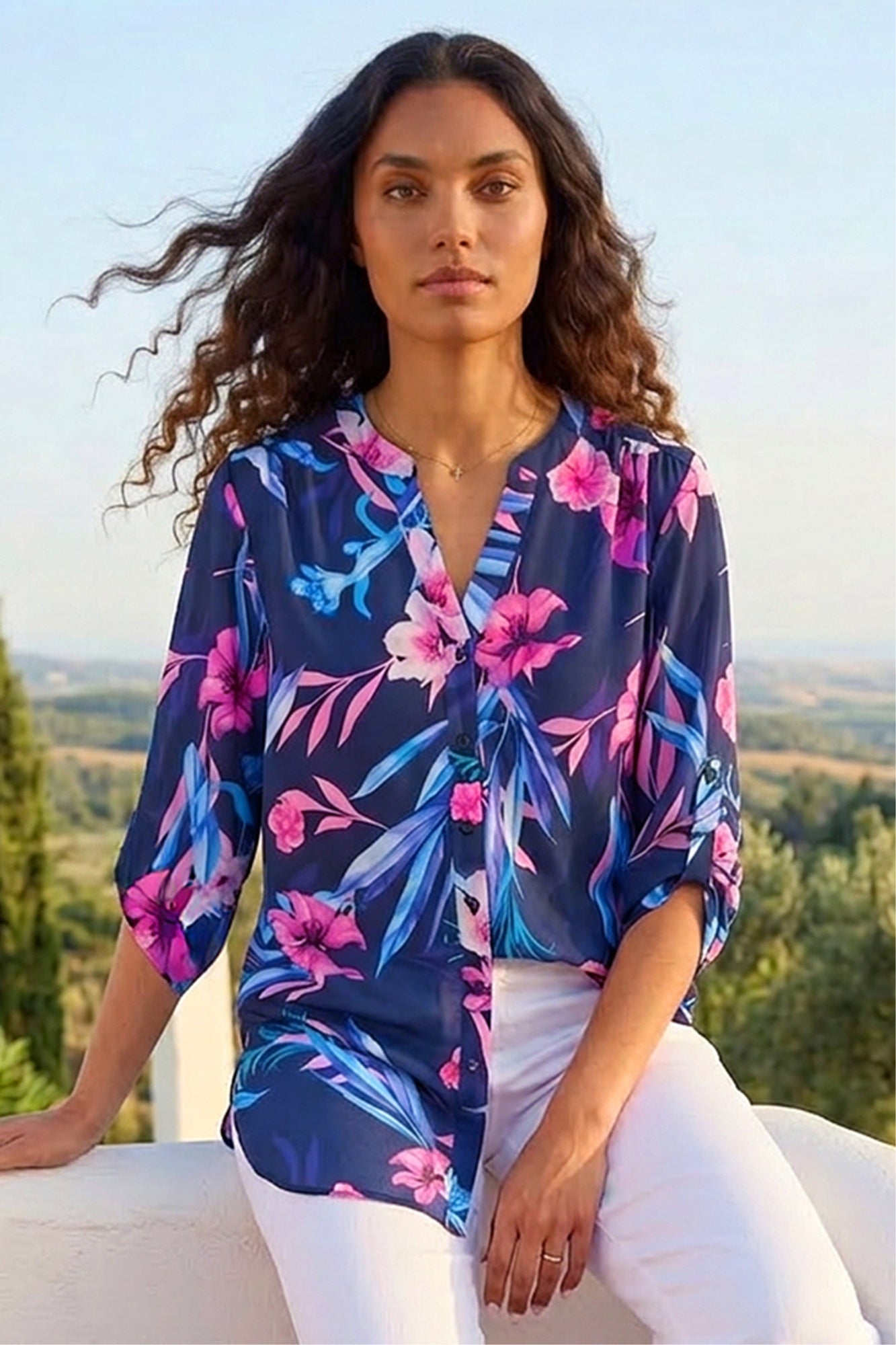Izabel London Blue Leopard Print Collarless Blouse - 8 | Matalan