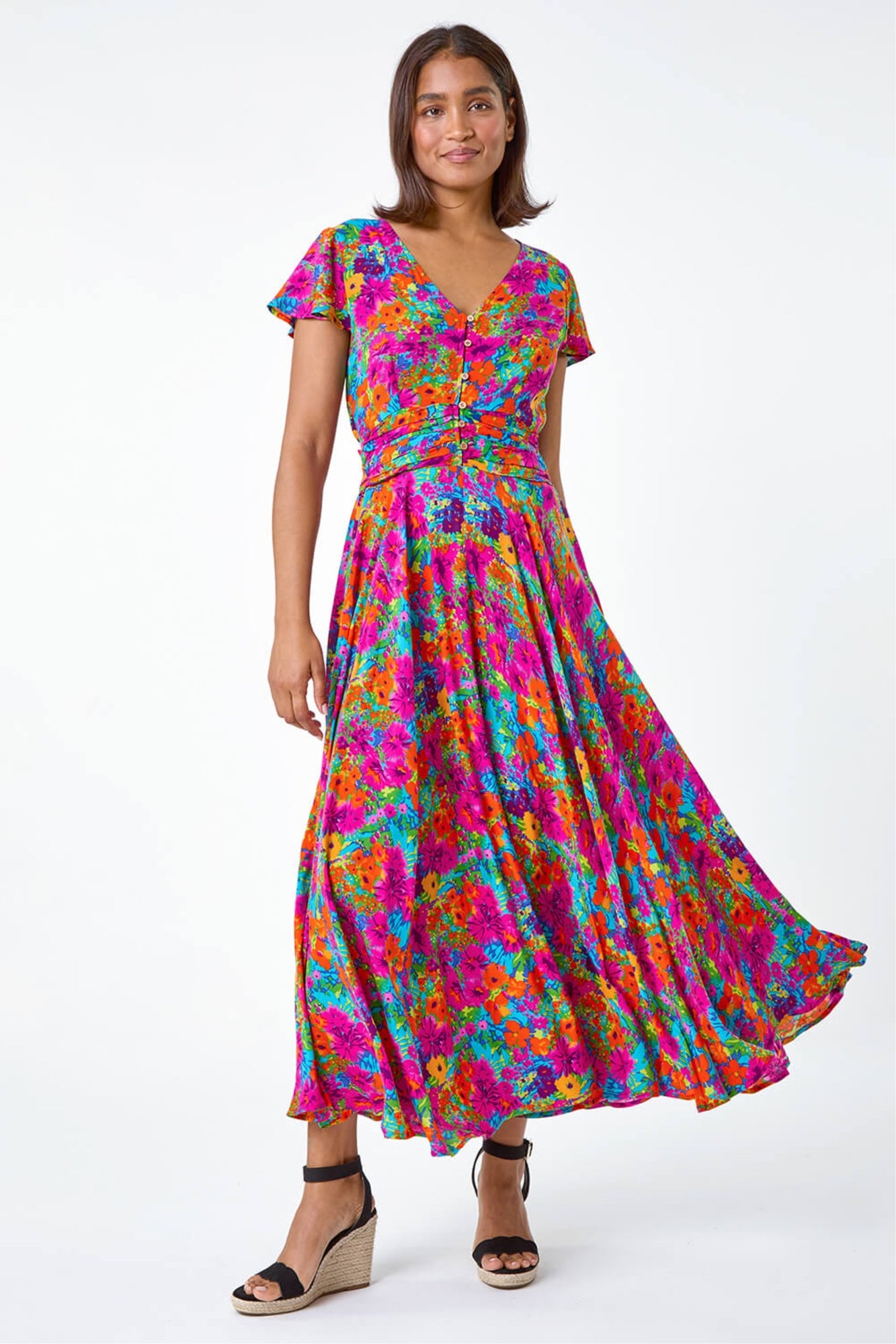 Chi Chi London Green Cami Floral Wrap Midi Dip Hem Dress - 16