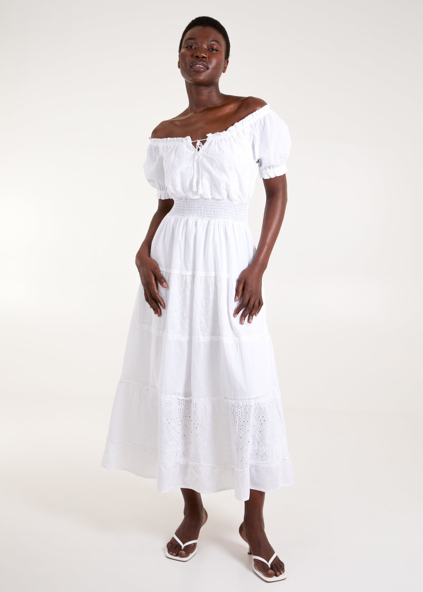 Blue Vanilla White Milkmaid Broderie Tiered Maxi Dress - S | Matalan