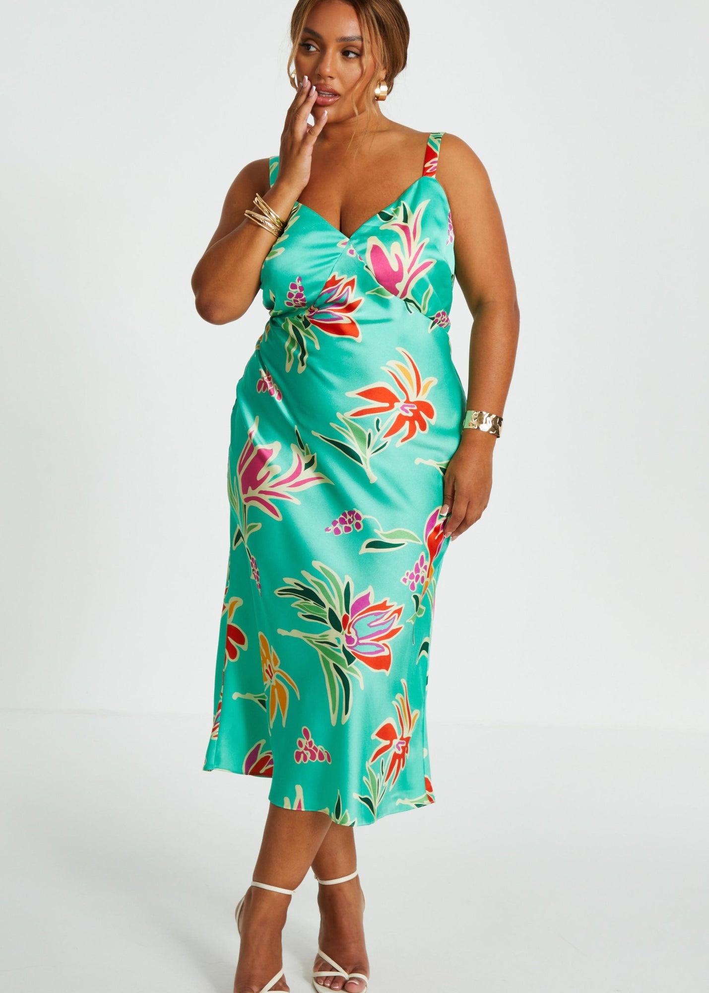 Quiz Green Curve Tropical Print Midaxi Dress - 16 | Matalan