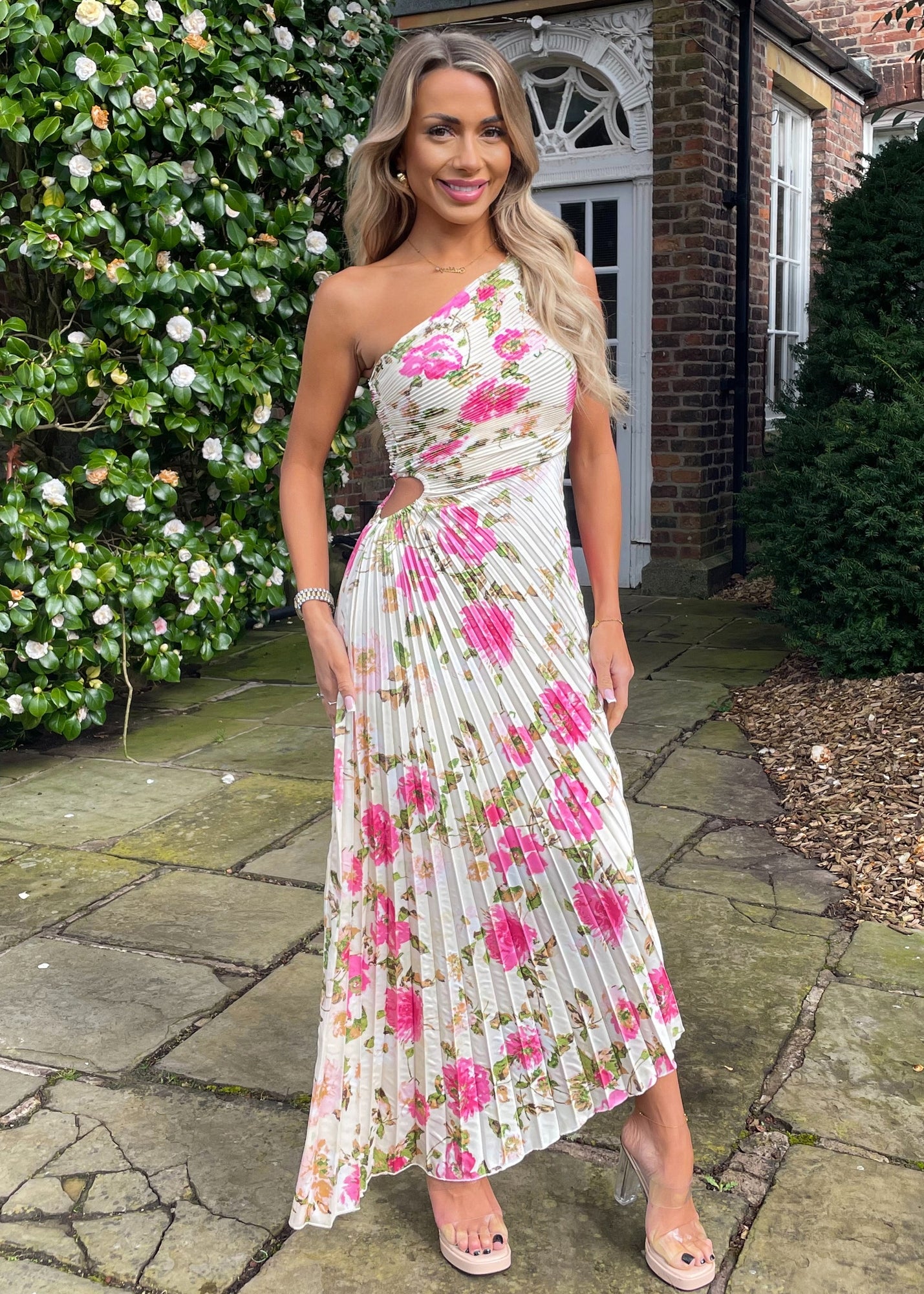 AX Paris Cream Floral Print Pleated Satin Midi Dress - 8 | Matalan