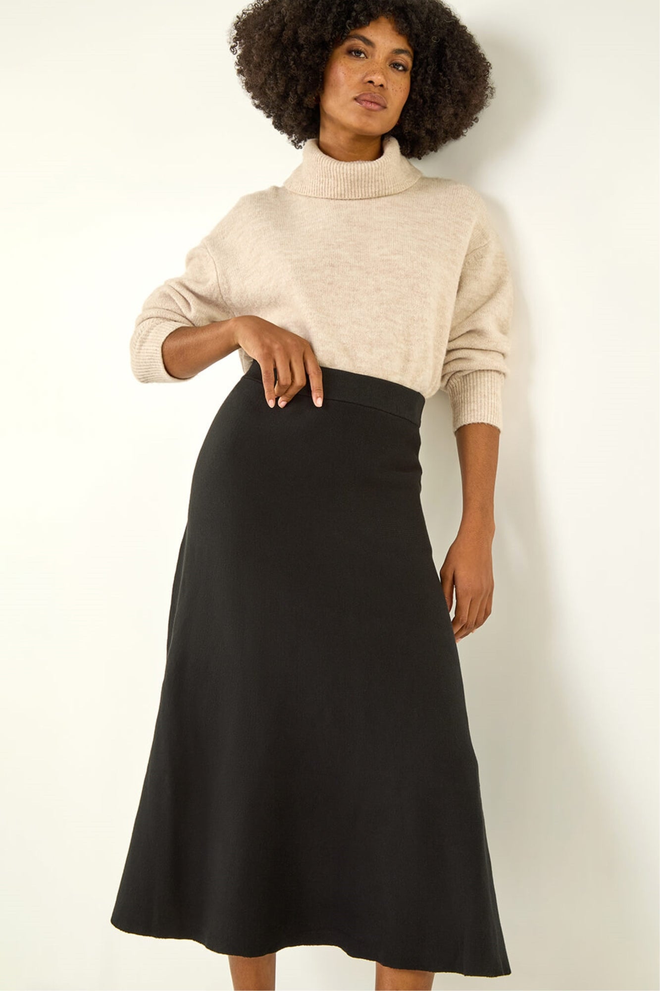 Izabel London Black High Waist Pleated Knit Midi Skirt - 12