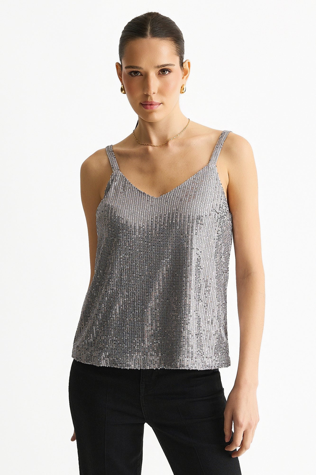 Gini London Silver Sequin V Neck Cami Top - S/M | Matalan