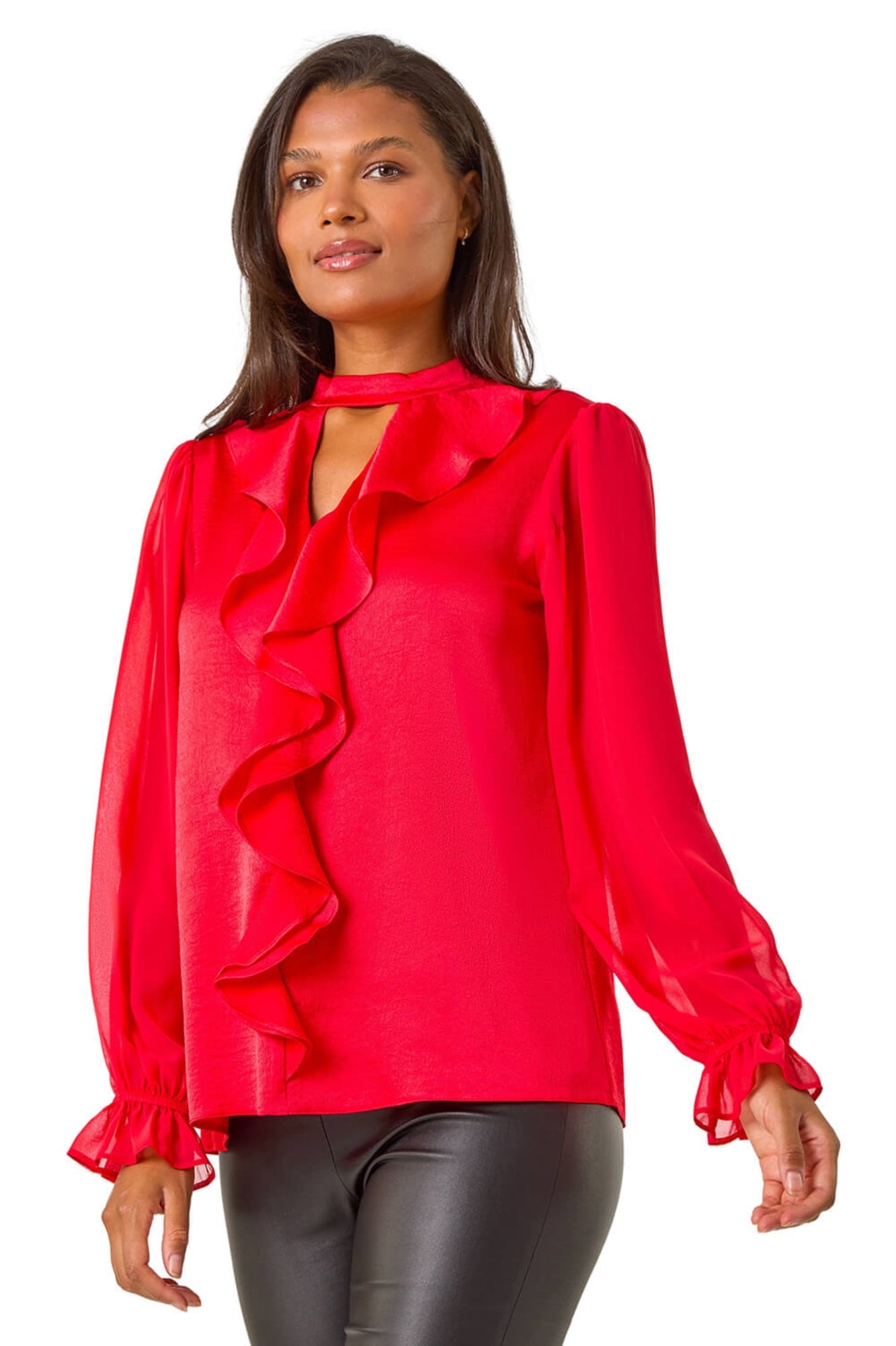 Roman Red Ruffle Front Keyhole Satin Top - Size 16
