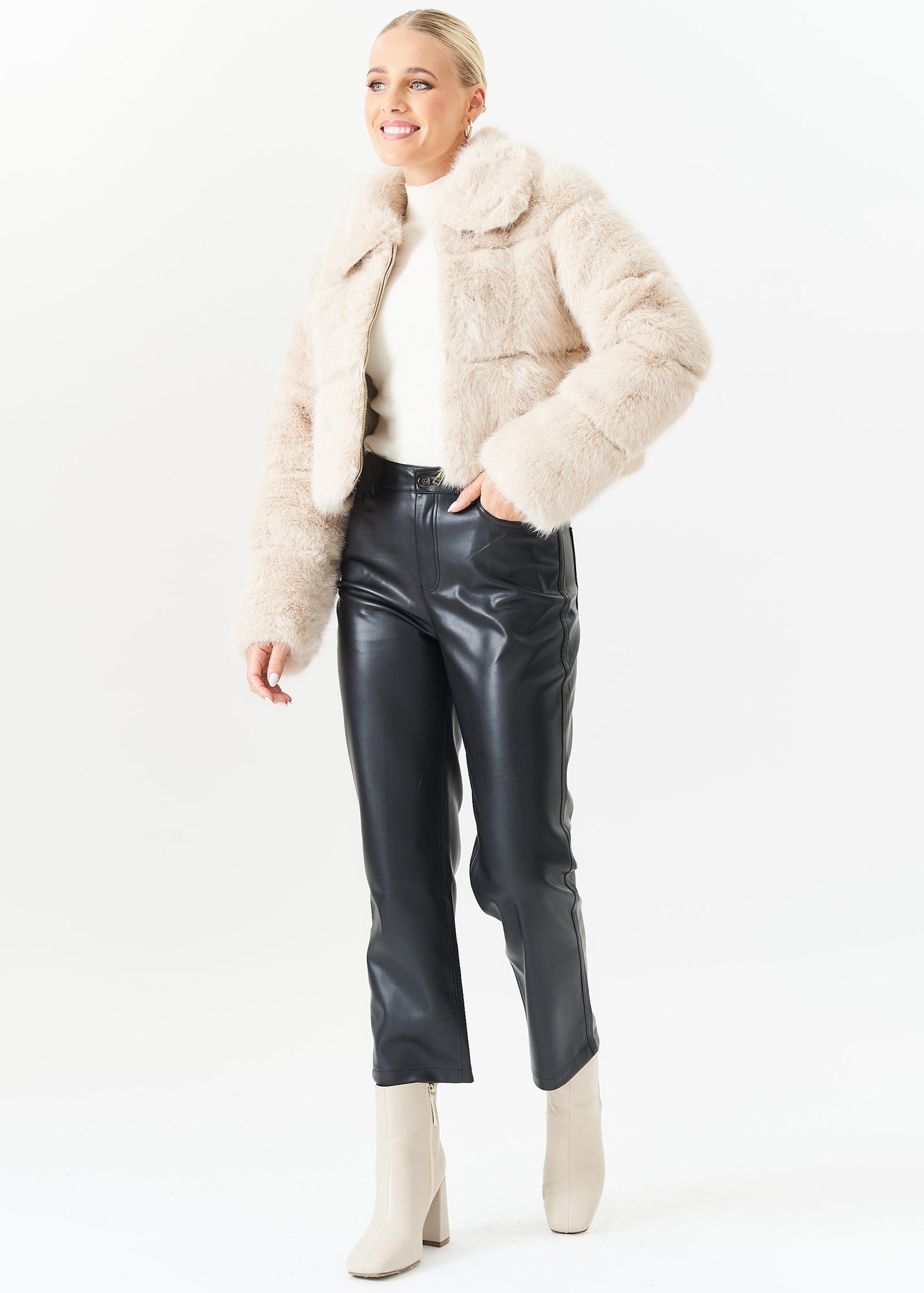 Gini London Beige Panel Faux Fur Cropped Jacket - Large/Extra