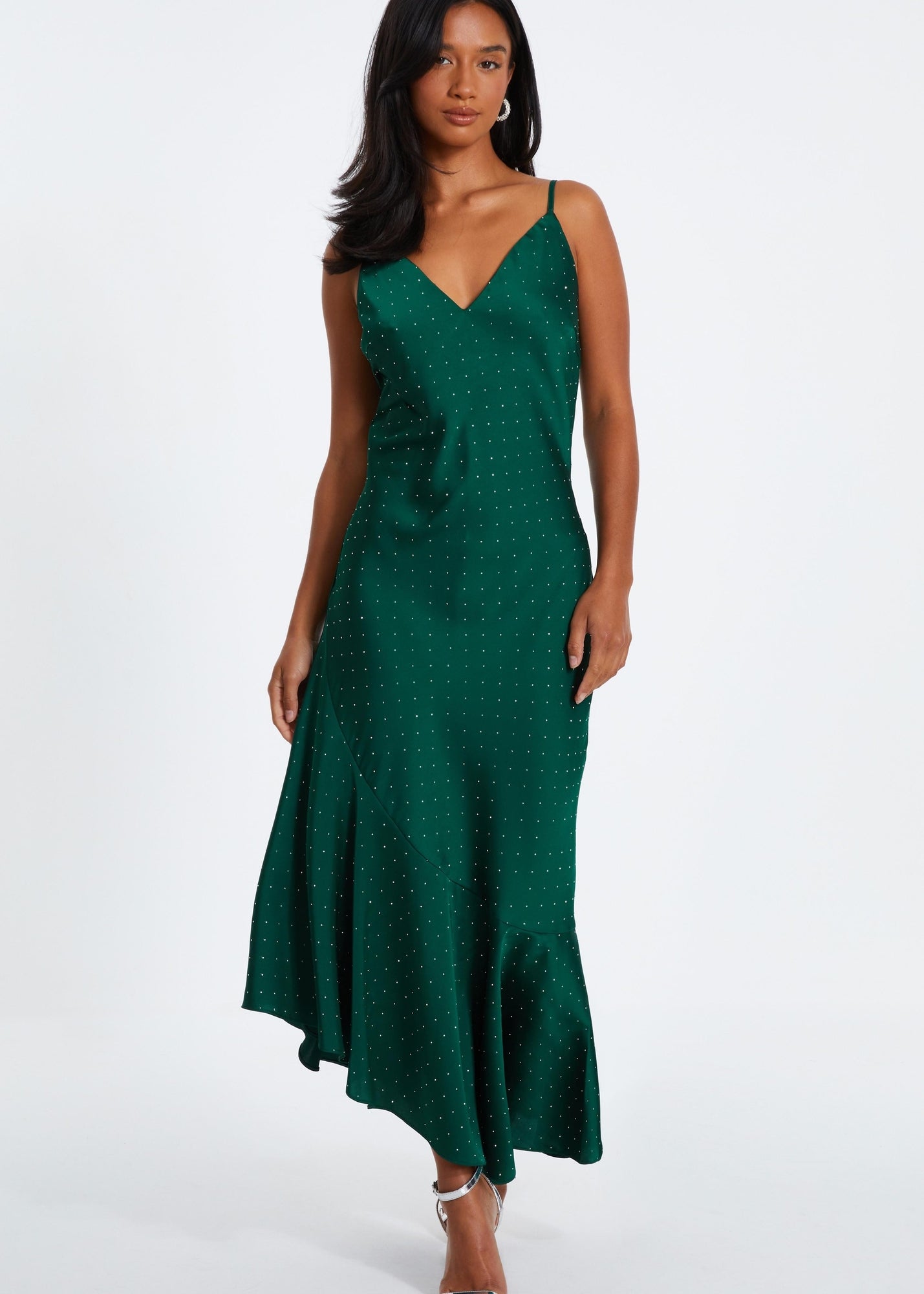 massimo dutti green asymmetric dress Emilia Green Asymmetrical Ribbon Draped Maxi Dress, L / Green