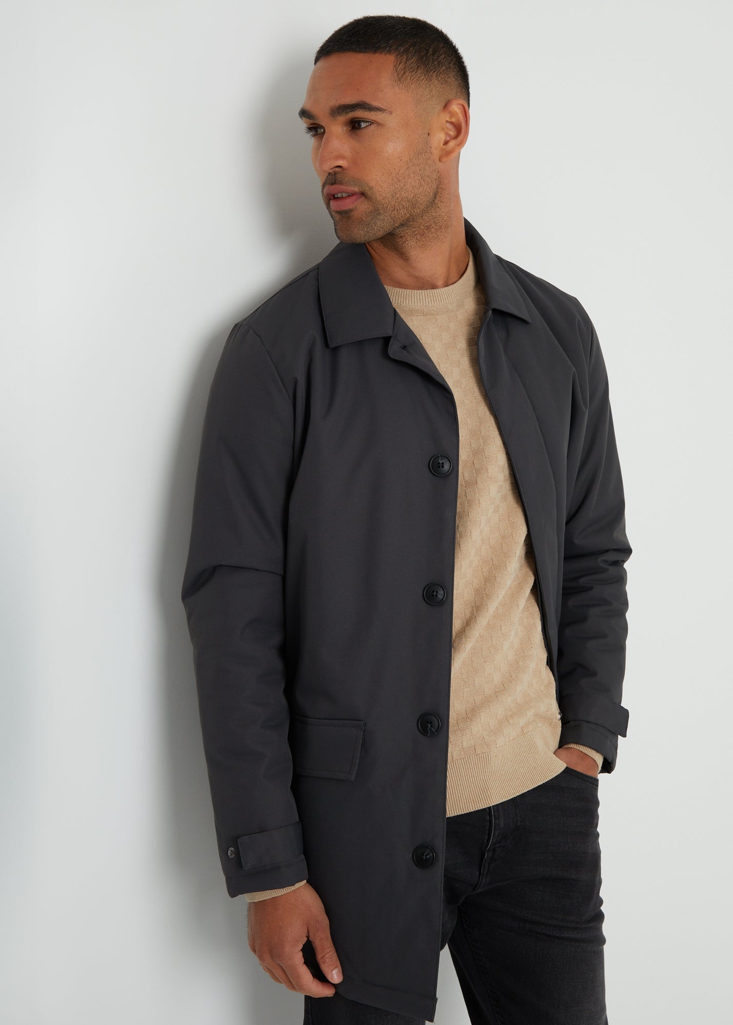Threadbare Charcoal Hanson Showerproof Button Up Collared Mac