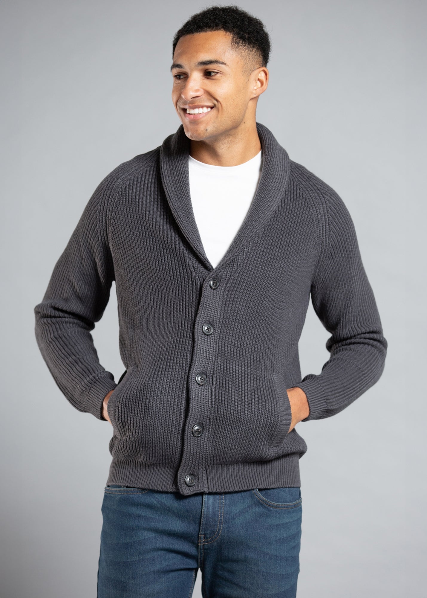 Tokyo Laundry Charcoal Shawl Neck Ribbed Cardigan - S | Matalan