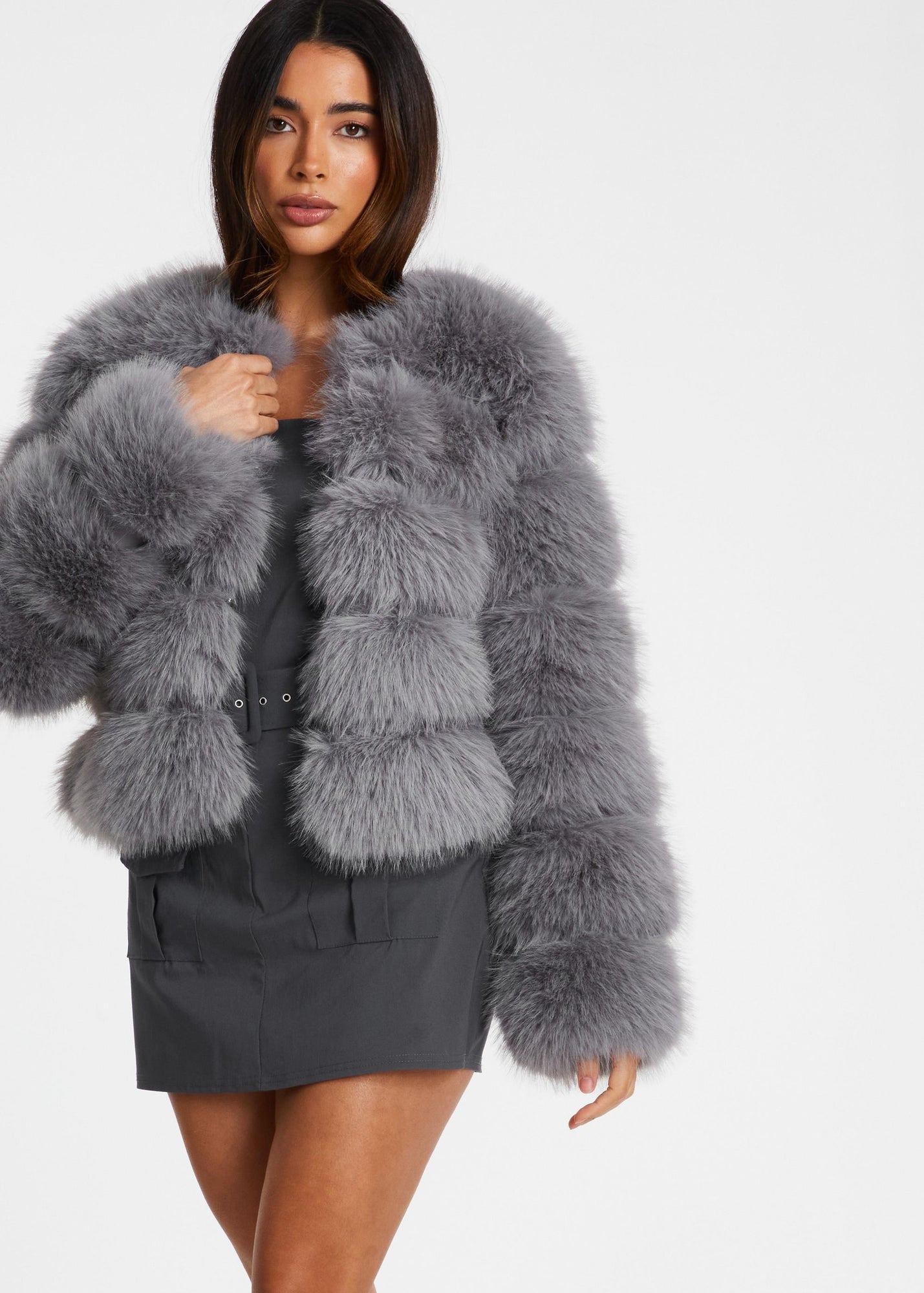 Quiz Grey Faux Fur Jacket - Size 12 | Matalan
