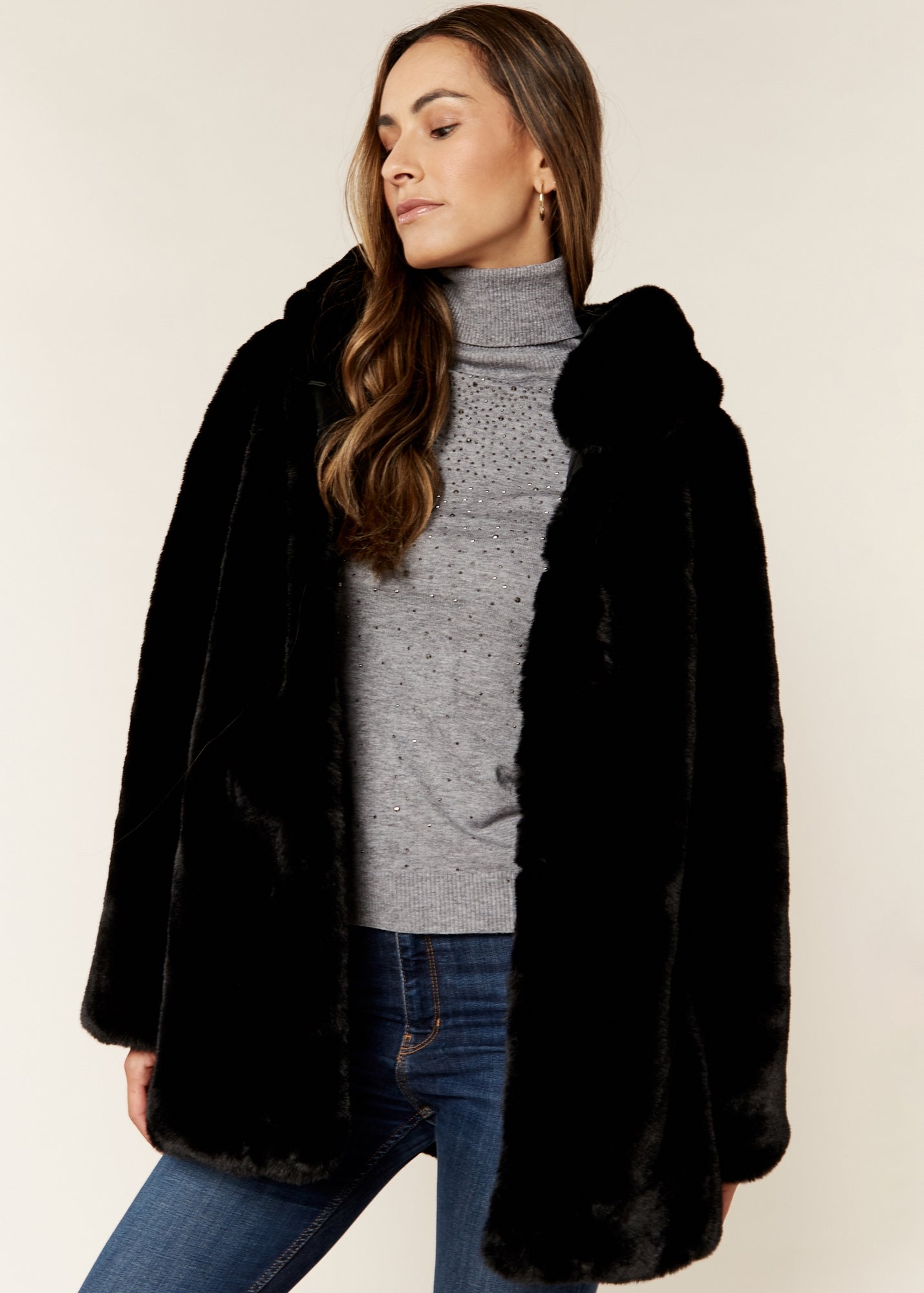 Gini London Black Hooded Long Sleeve Faux Fur Jacket - Large/Extra