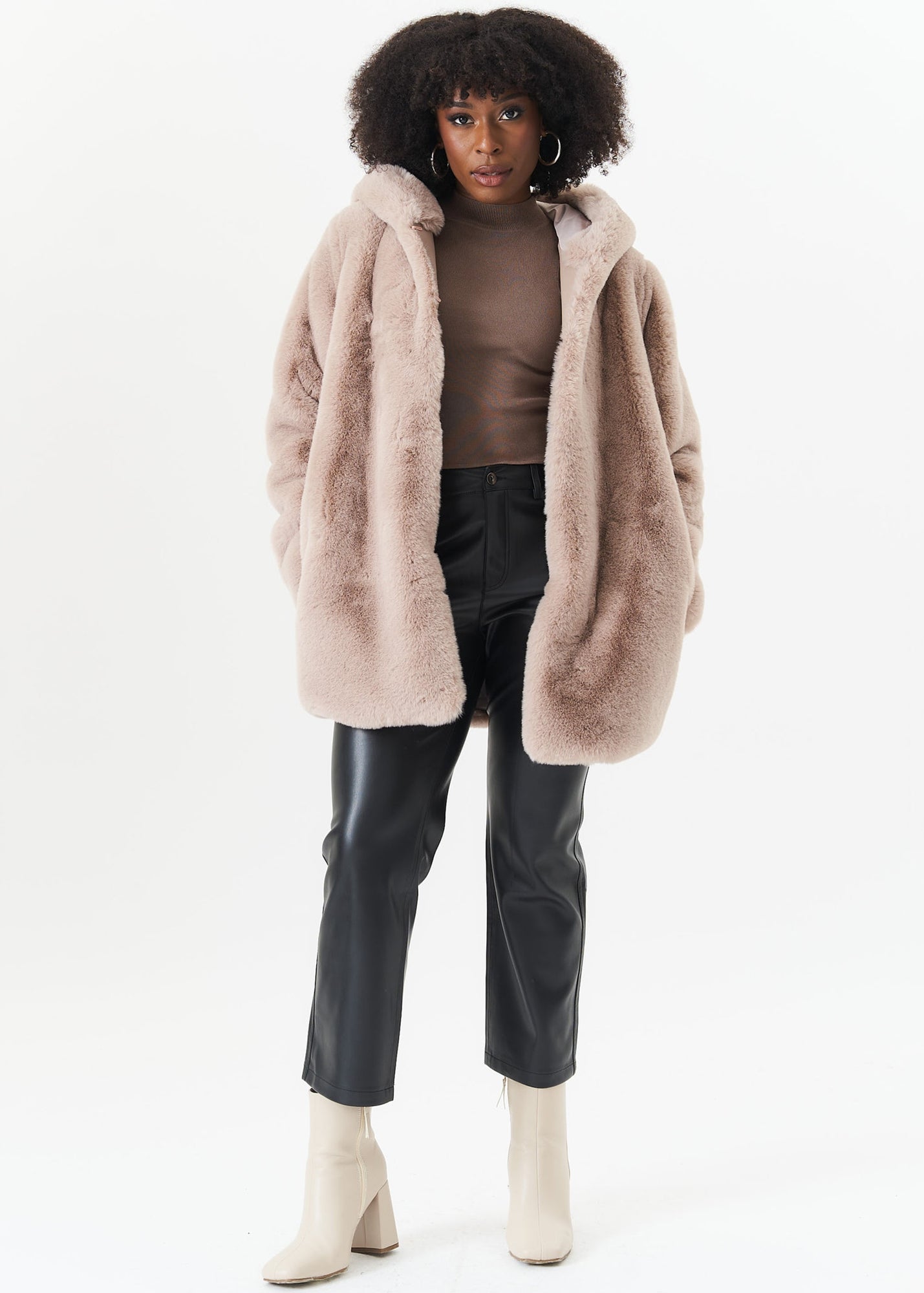 Gini London Beige Hooded Long Sleeve Faux Fur Jacket - Small