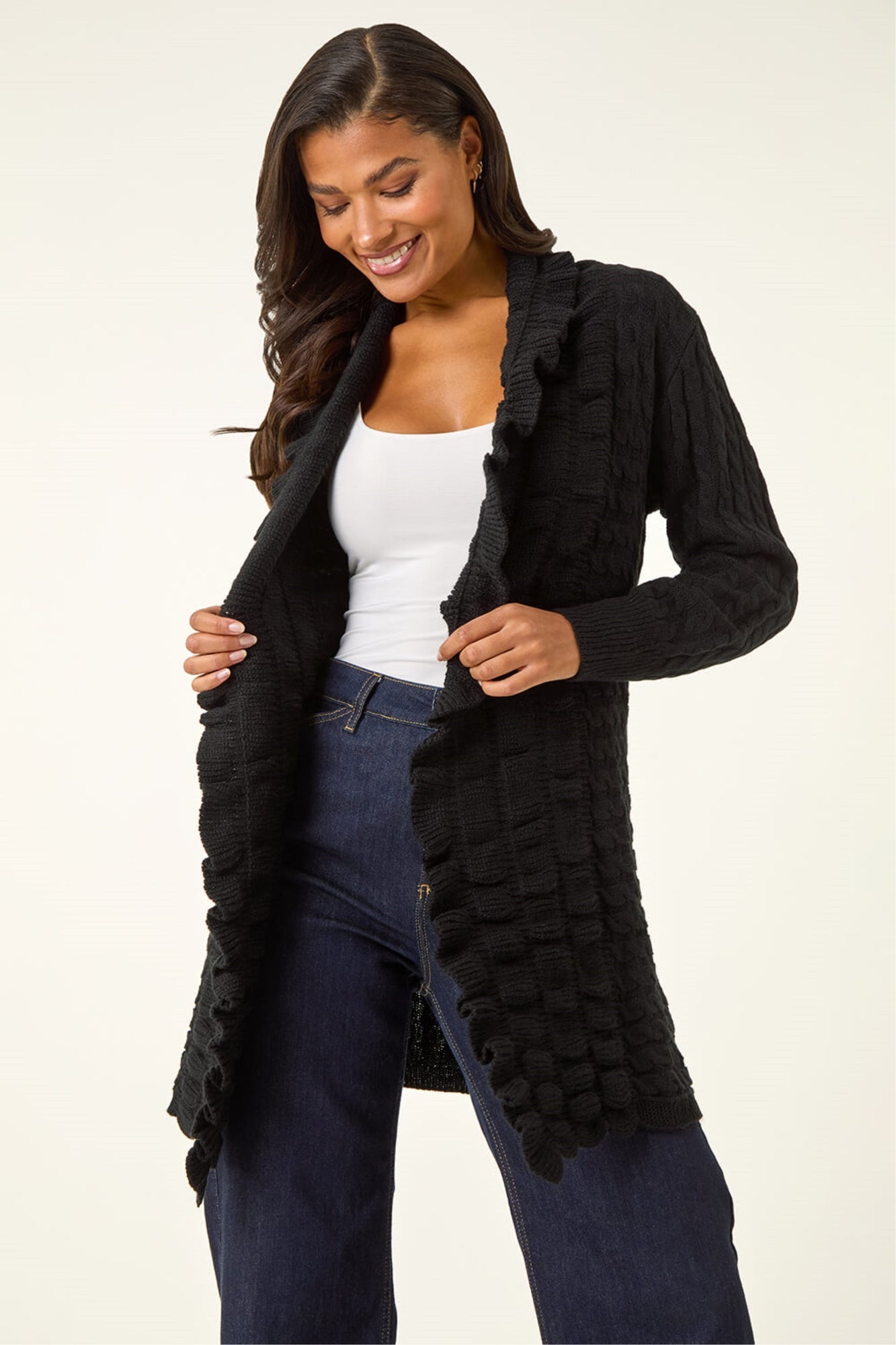 Izabel London Coral Crochet Knit Longline Waterfall Cardigan - One