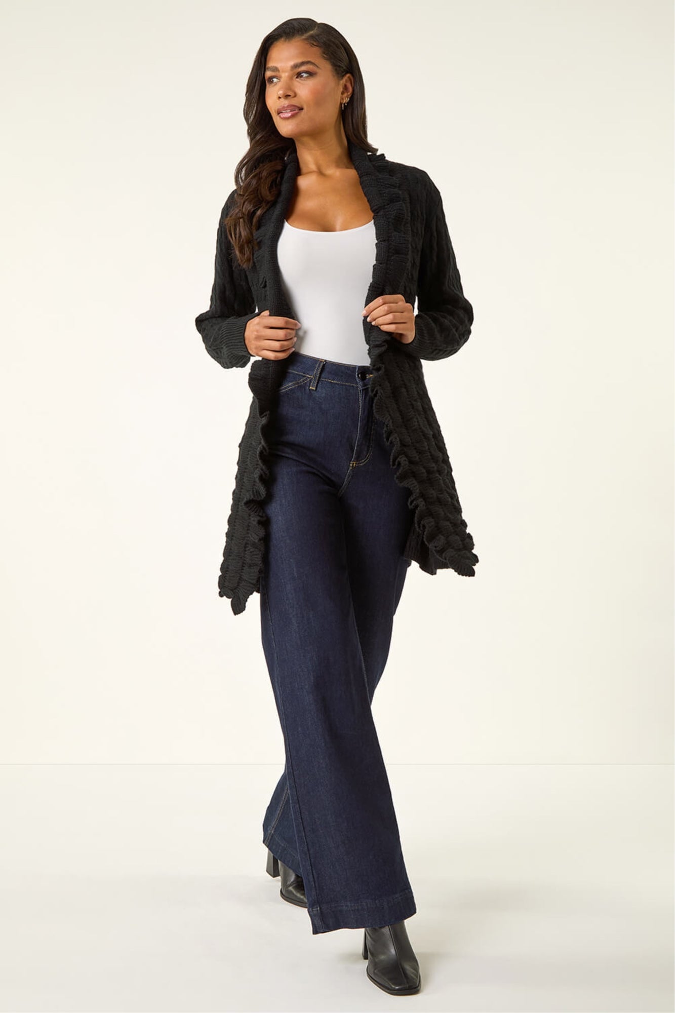 Izabel London Coral Crochet Knit Longline Waterfall Cardigan - One