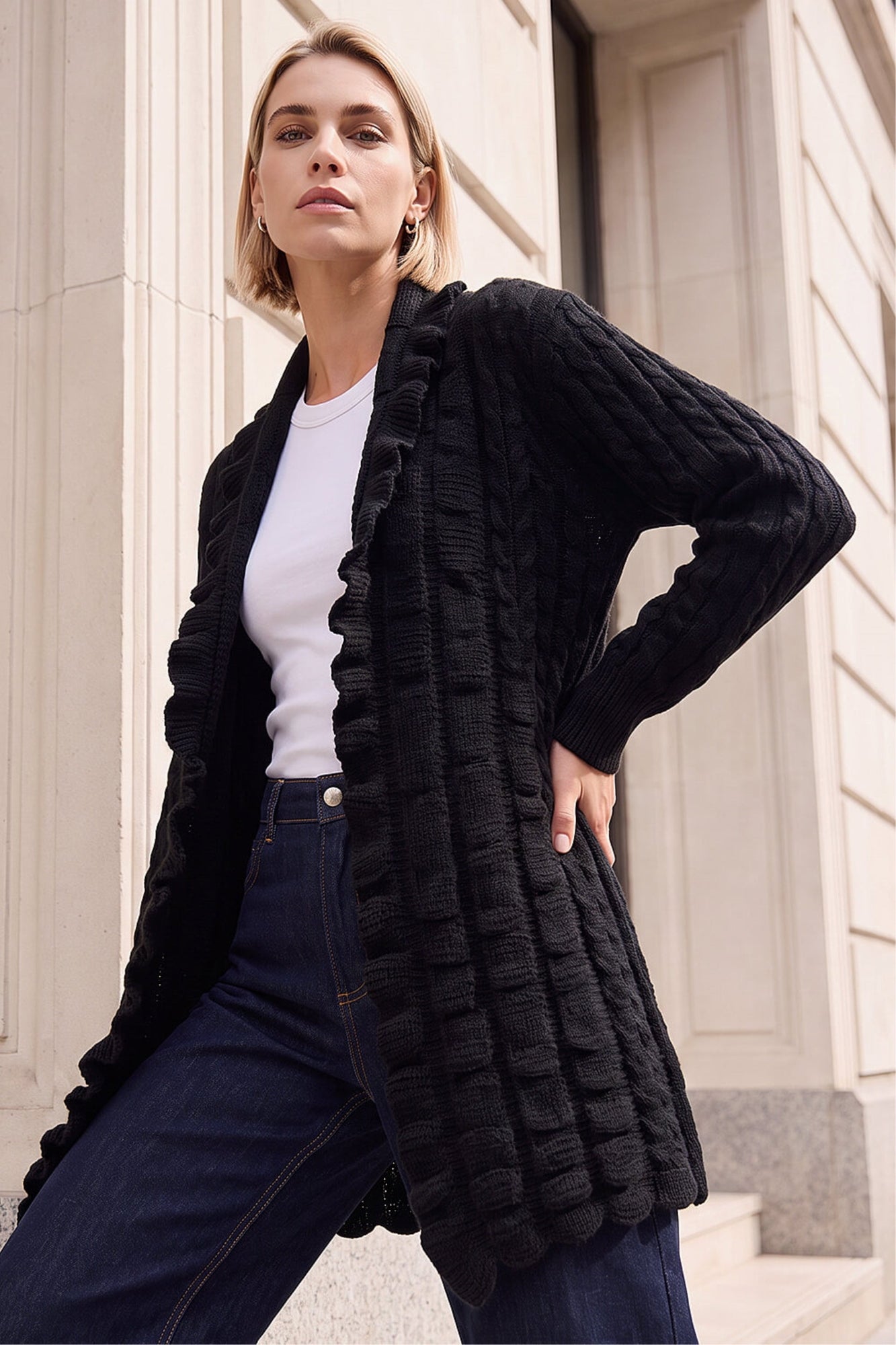 Roman Black Longline Ruffle Detail Cardigan - 12 | Matalan