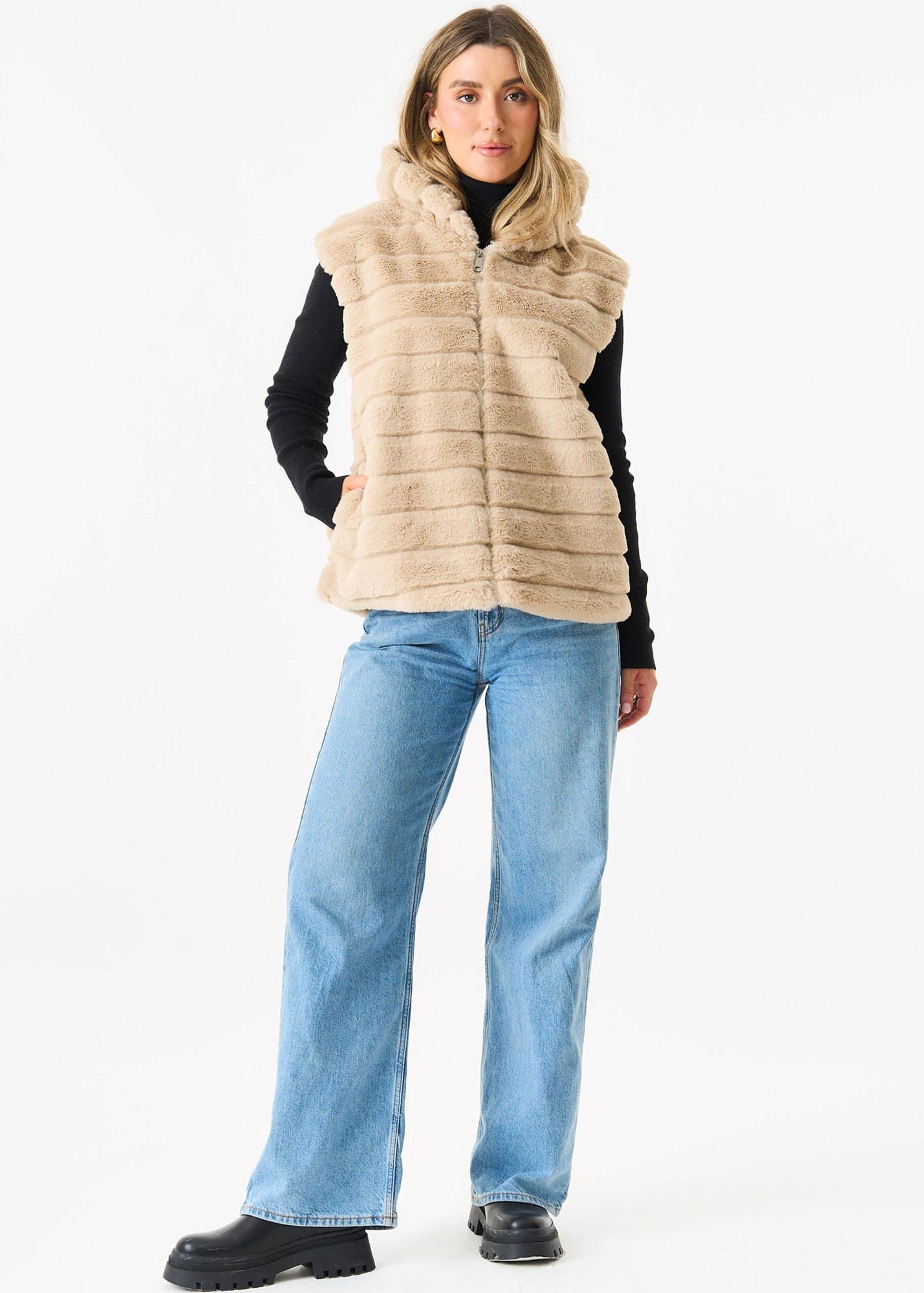 Gini London Beige Zip Front Hooded Fur Gilet - S/M | Matalan