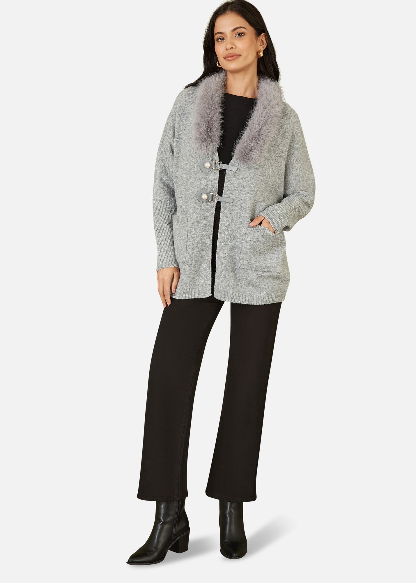 Yumi Grey Cardigan With Detachable Fur Collar Trim - M/L | Matalan