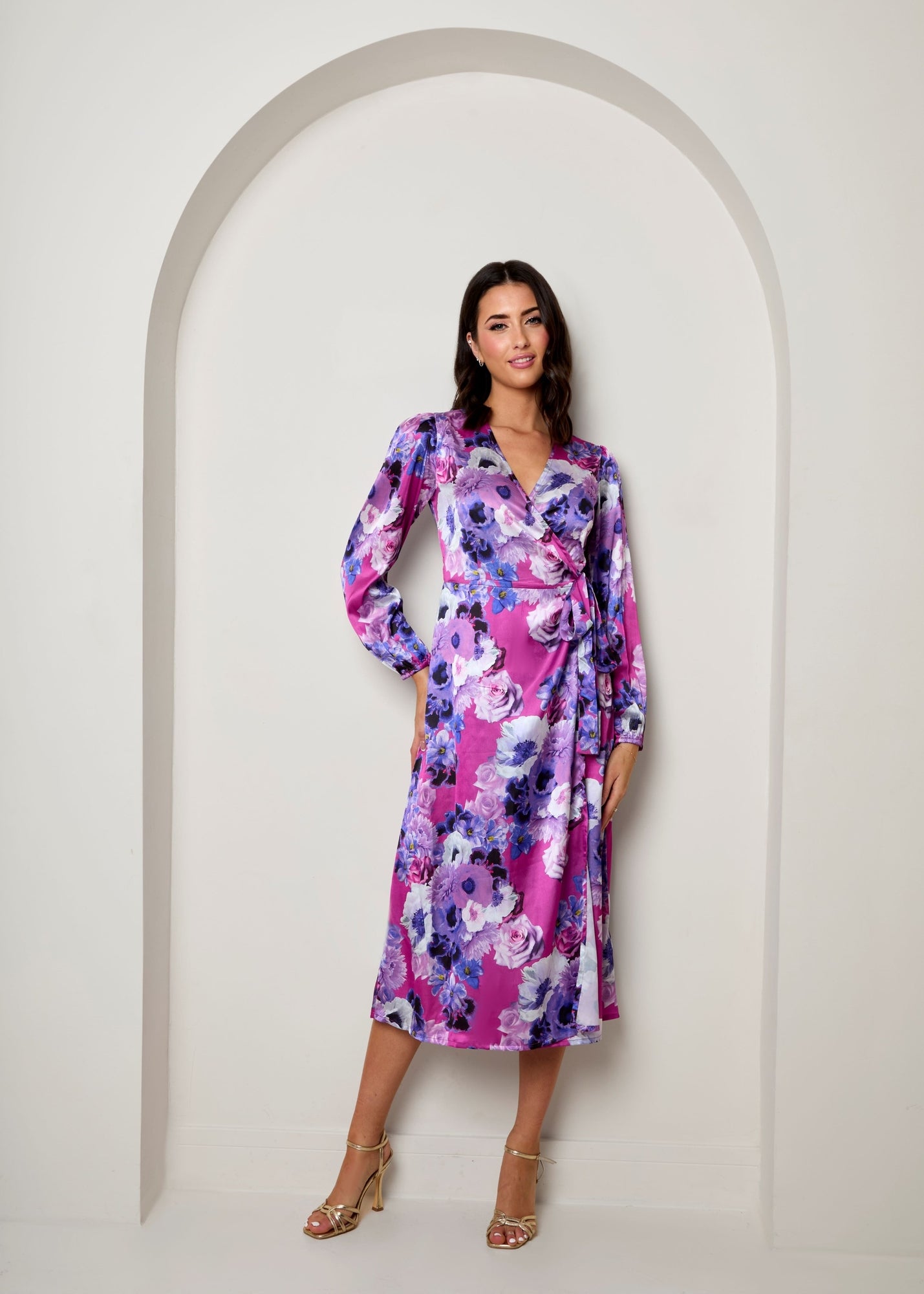 Chi Chi London Purple Long Sleeve Floral Wrap Dress - 16 | Matalan