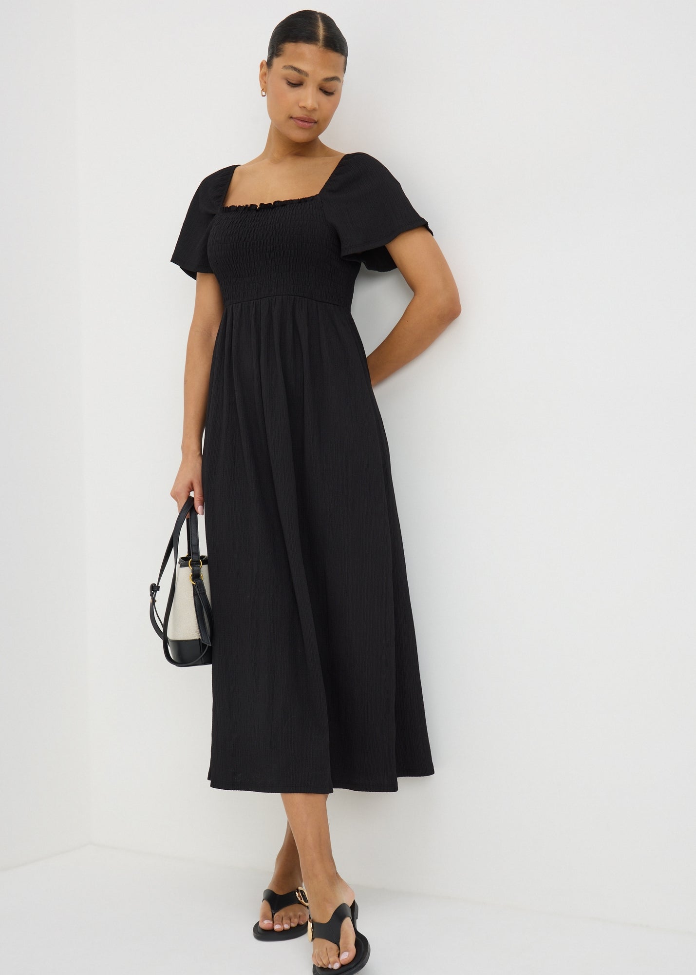 knee length dresses for ladies Classic Shirred Midi Dress / Black main image 0