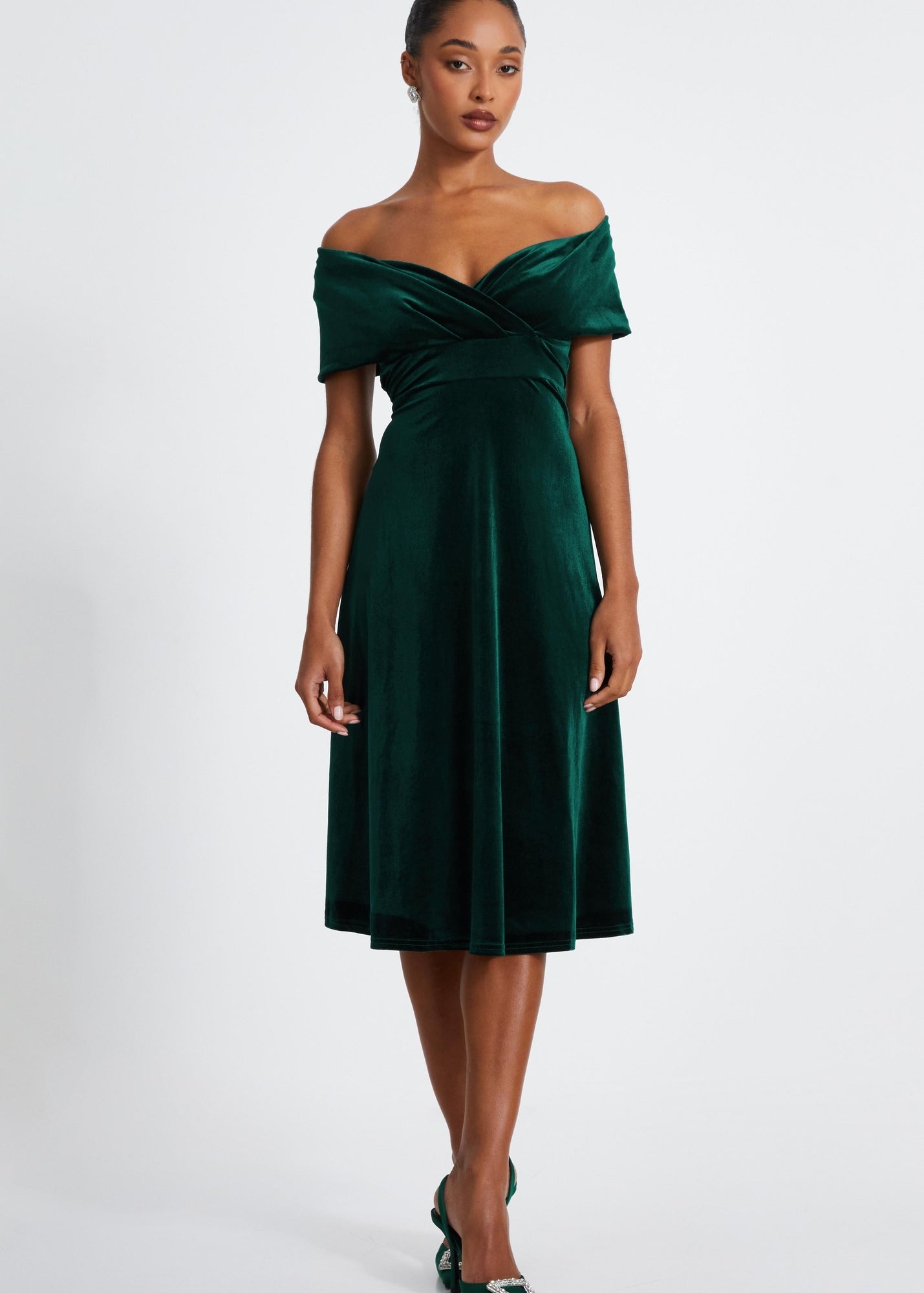 Quiz Green Velvet Bardot Midi Dress - 14